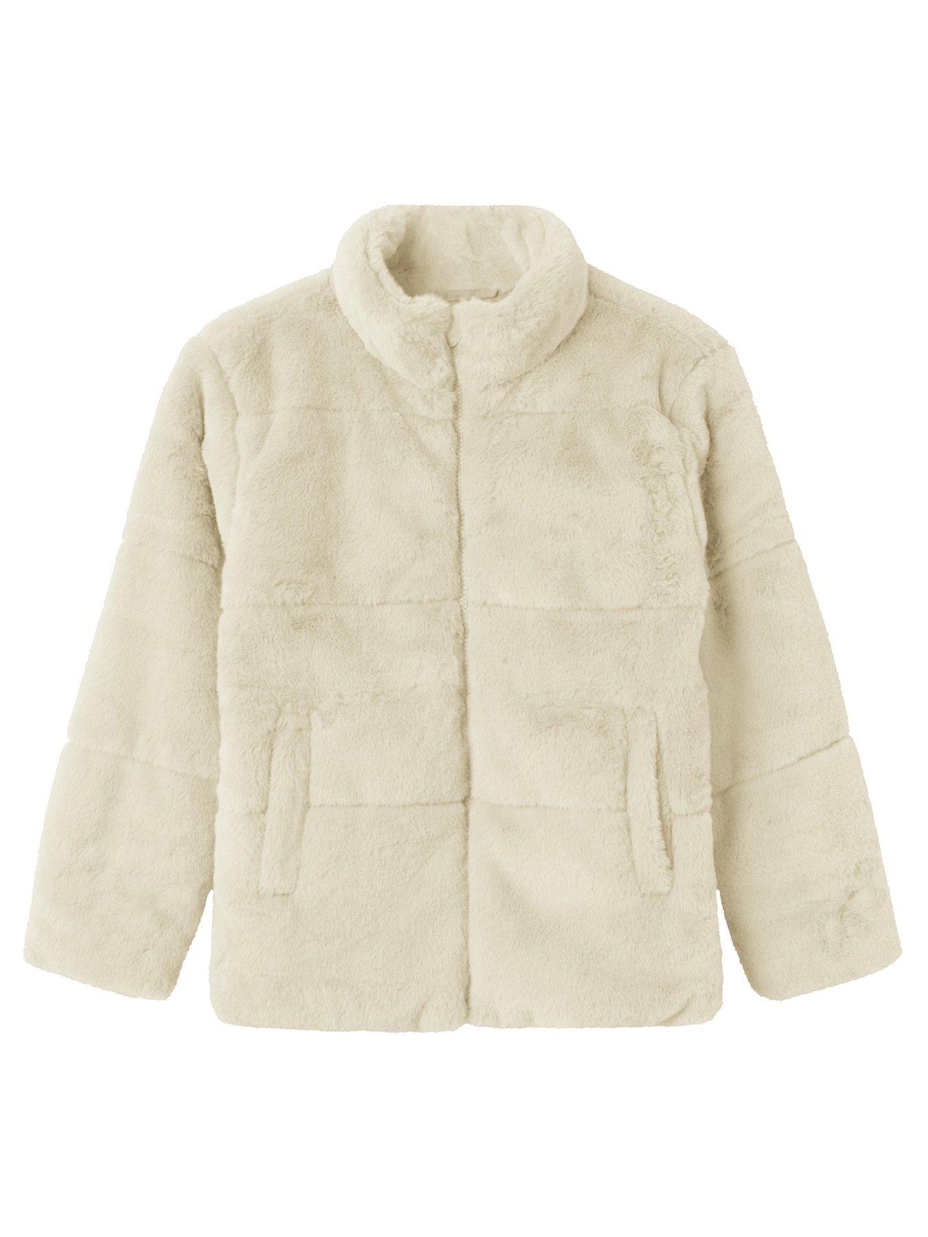 name it girls faux fur jacket - cream, cream, size 12 years