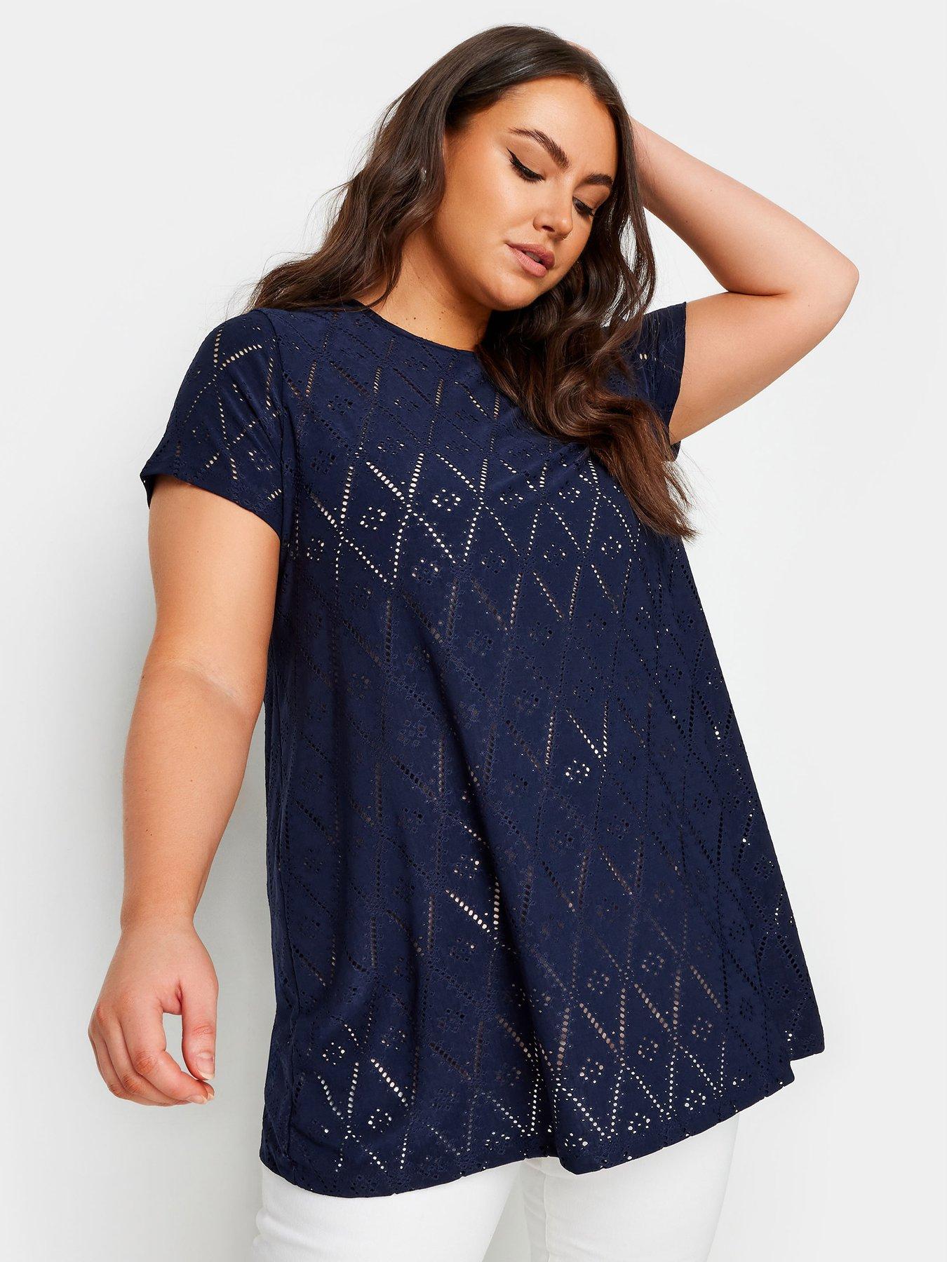 Image 1 of 4 of Yours Curve Broderie Swing T-shirt - Blue