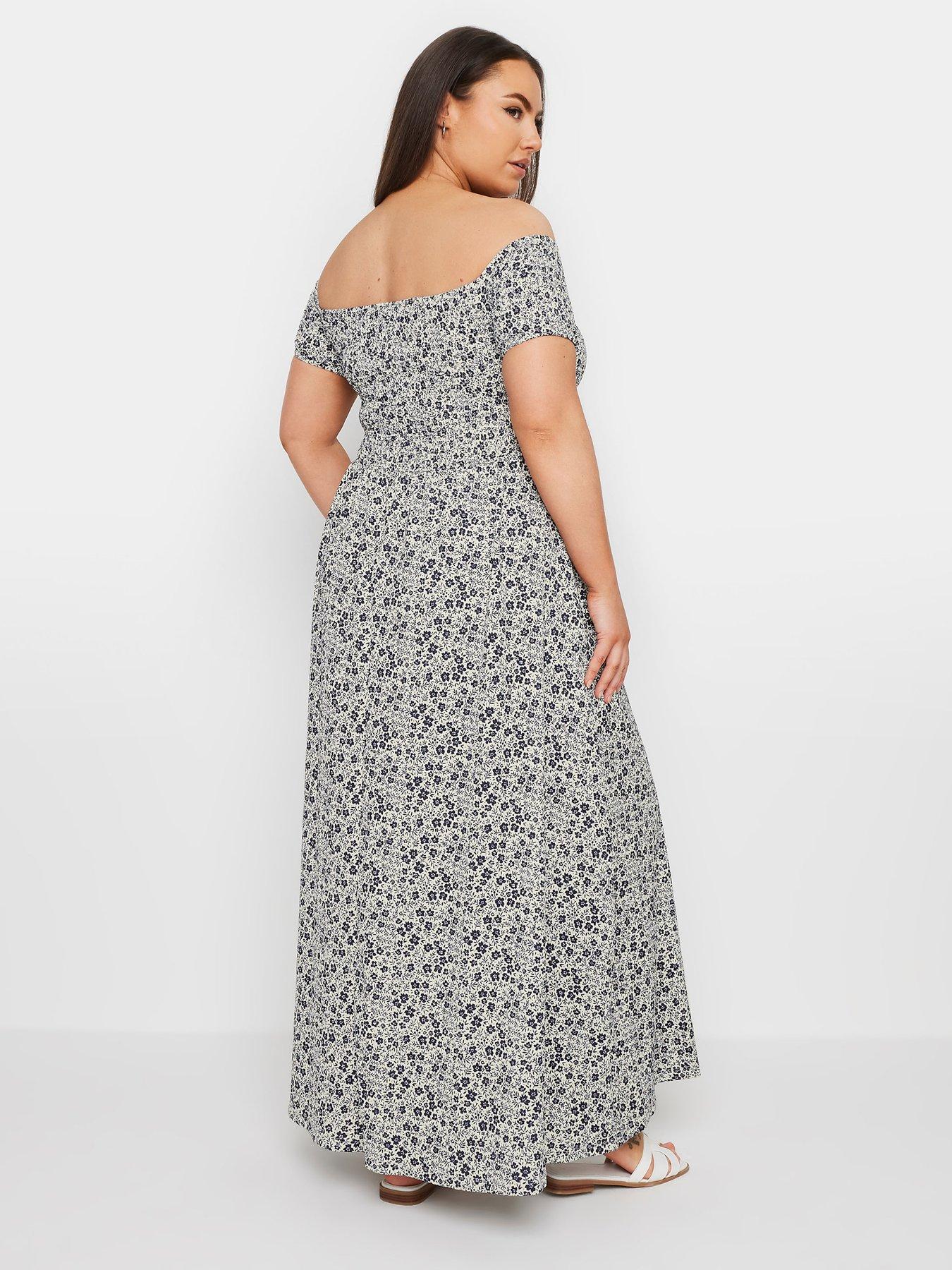 Yours Curve Ditsy Shirred Midaxi Dress - Blue 