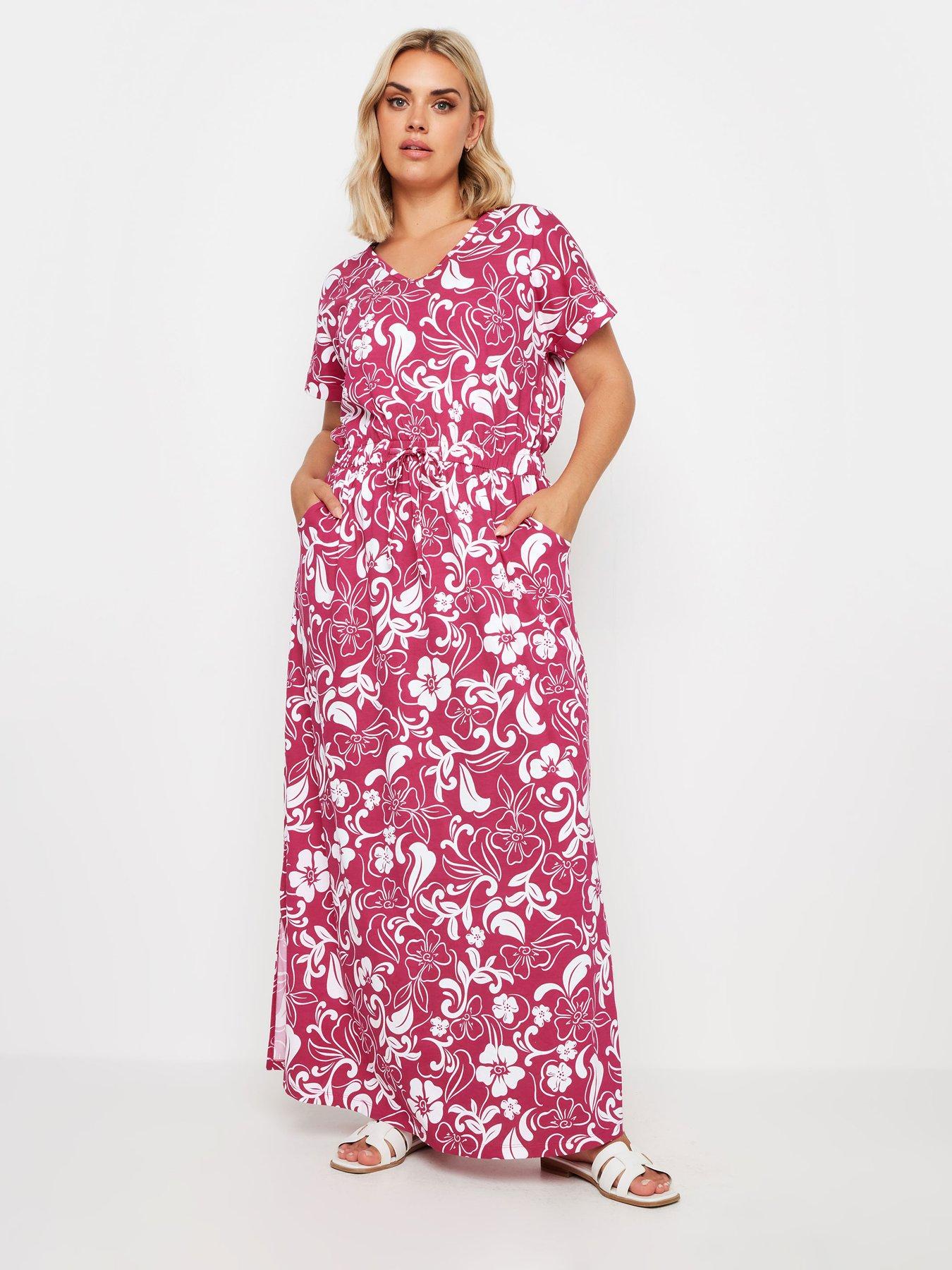 Yours Curve Two Tone Summer Swirl Side Split Drawcord Maxi Dress - Pink ...