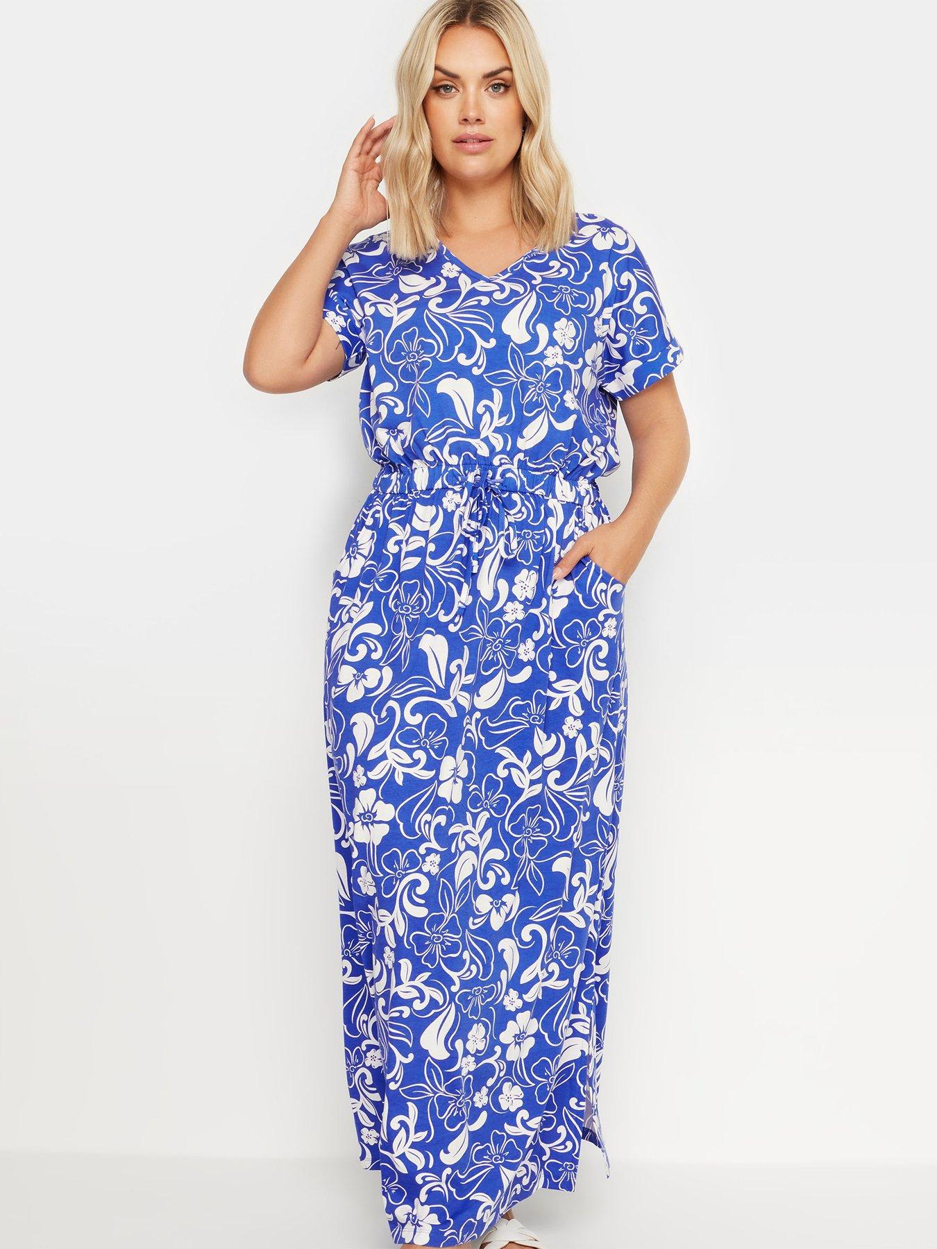 Yours Curve Two Tone Summer Swirl Side Split Drawcord Maxi Dress - Blue ...