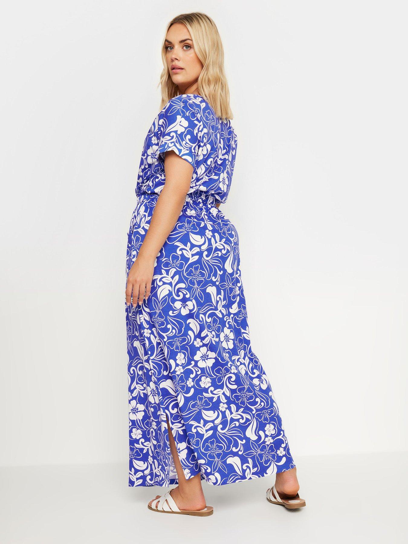 Yours Curve Two Tone Summer Swirl Side Split Drawcord Maxi Dress - Blue ...