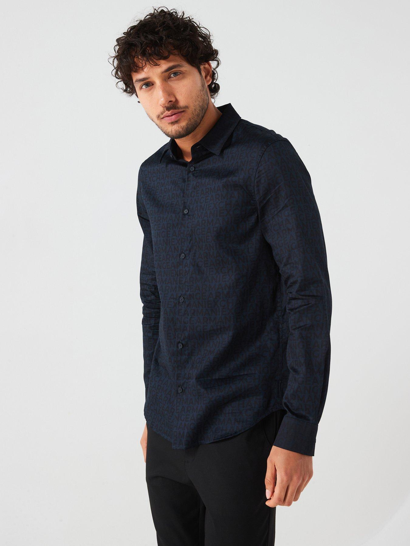 undefined Regular Fit All Over Logo Long Sleeve Printed Shirt - Navy