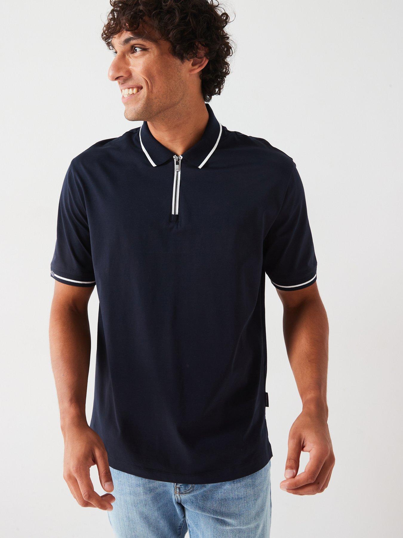 undefined Regular Fit Cuff Logo Zip Polo Shirt - Navy