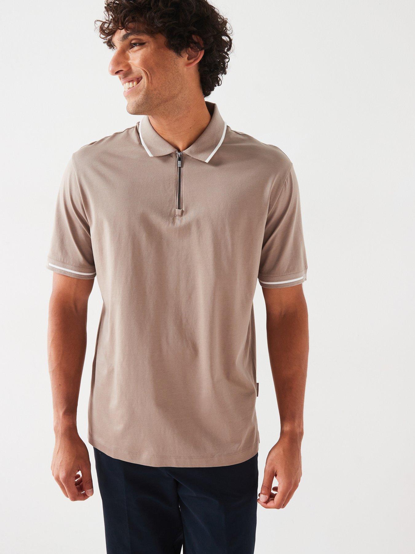 undefined Regular Fit Cuff Logo Zip Polo Shirt - Light Brown
