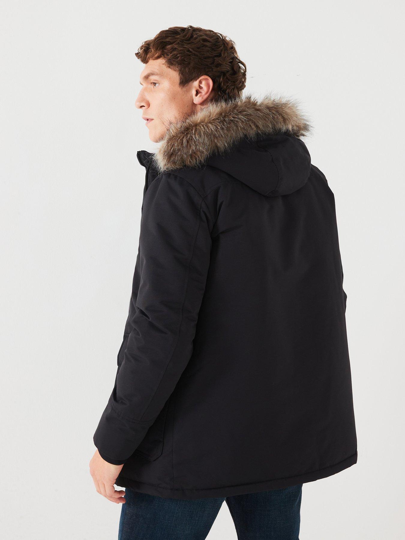 Faux Fur Hooded Parka Coat Black