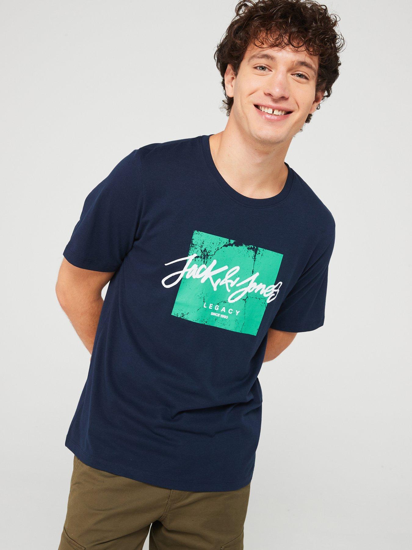 Jack & Jones Jack &amp; Jones Short Sleeve Large Script Logo Regular Fit T-shirt - Navy, Navy, Size M, Men