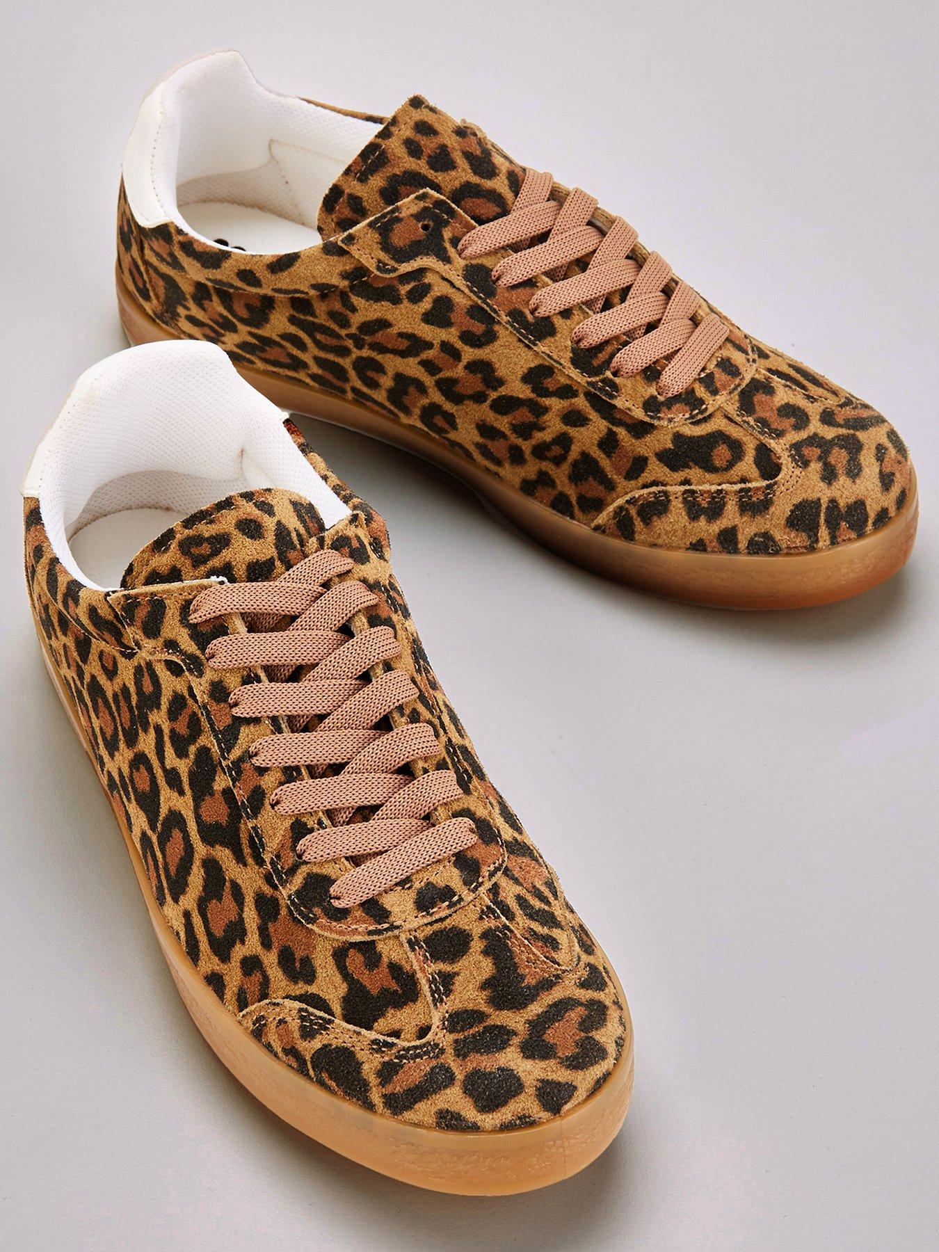 V By Very Real Suede Leopard Print Lace Up Trainer Brown Uk