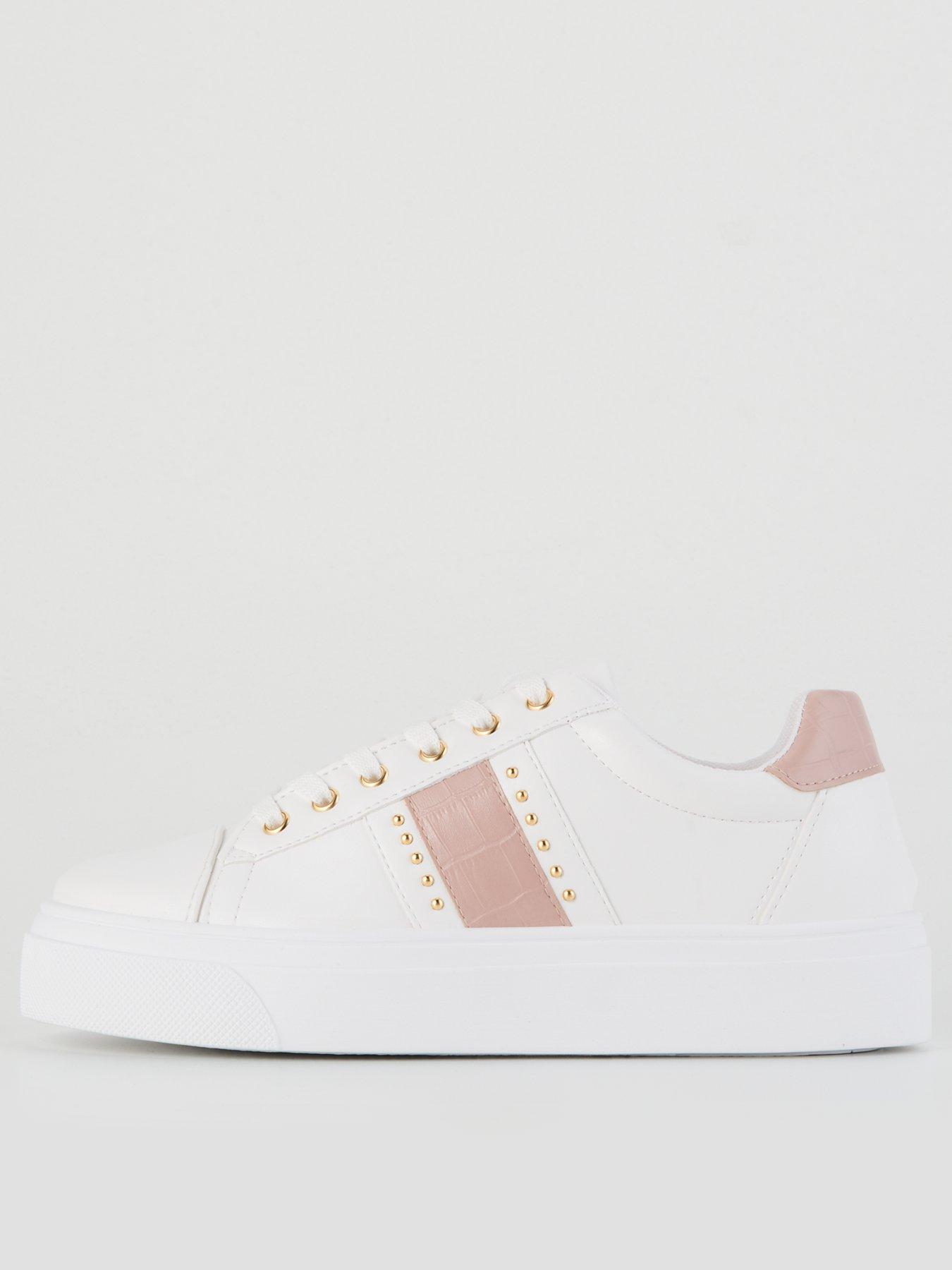 V By Very Lace Up Trainer With Side Stripe And Studs - White