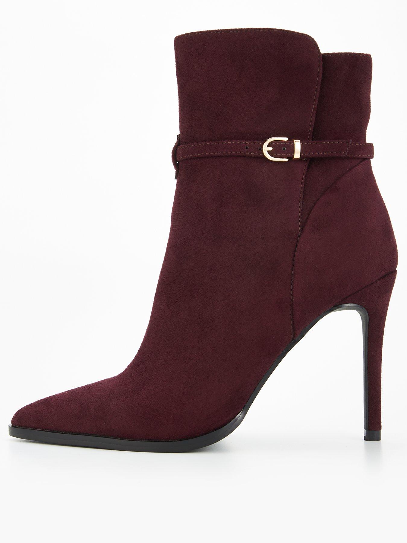 Point Toe Heeled Ankle Boot With Buckle Trim Burgundy