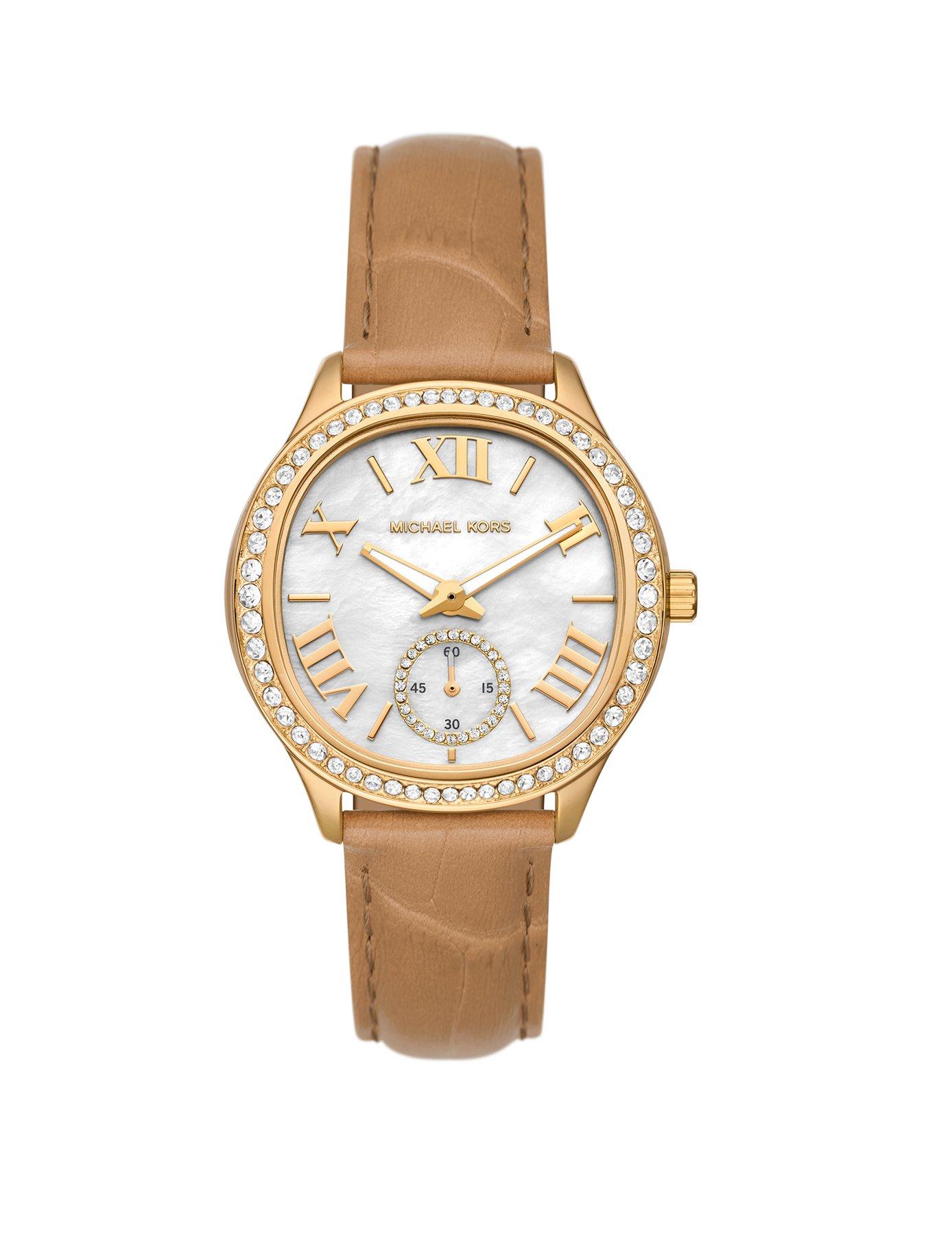 Product photograph of Michael Kors Sage Three-hand Peanut Croco Embossed Leather Watch from very.co.uk