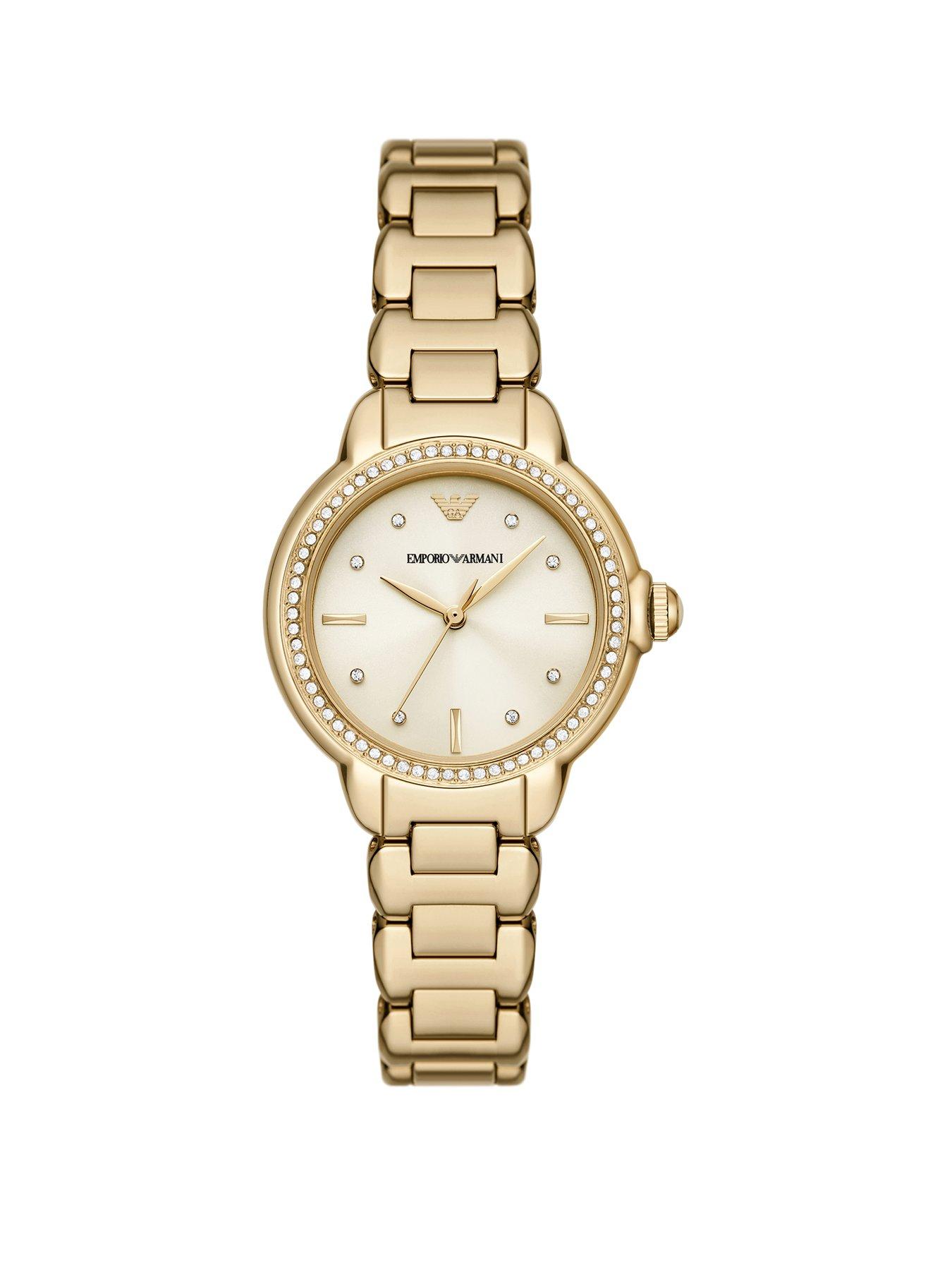 Product photograph of Emporio Armani Three-hand Gold-tone Stainless Steel Watch from very.co.uk