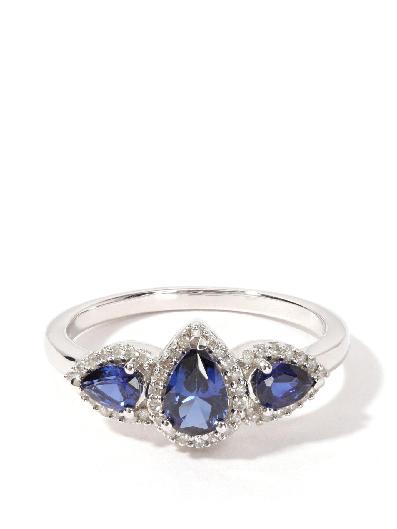 Product photograph of Love Gem 9ct White Gold Created Blue Sapphire And 0 12ct Natural Diamond Trilogy Pear Halo Ring from very.co.uk