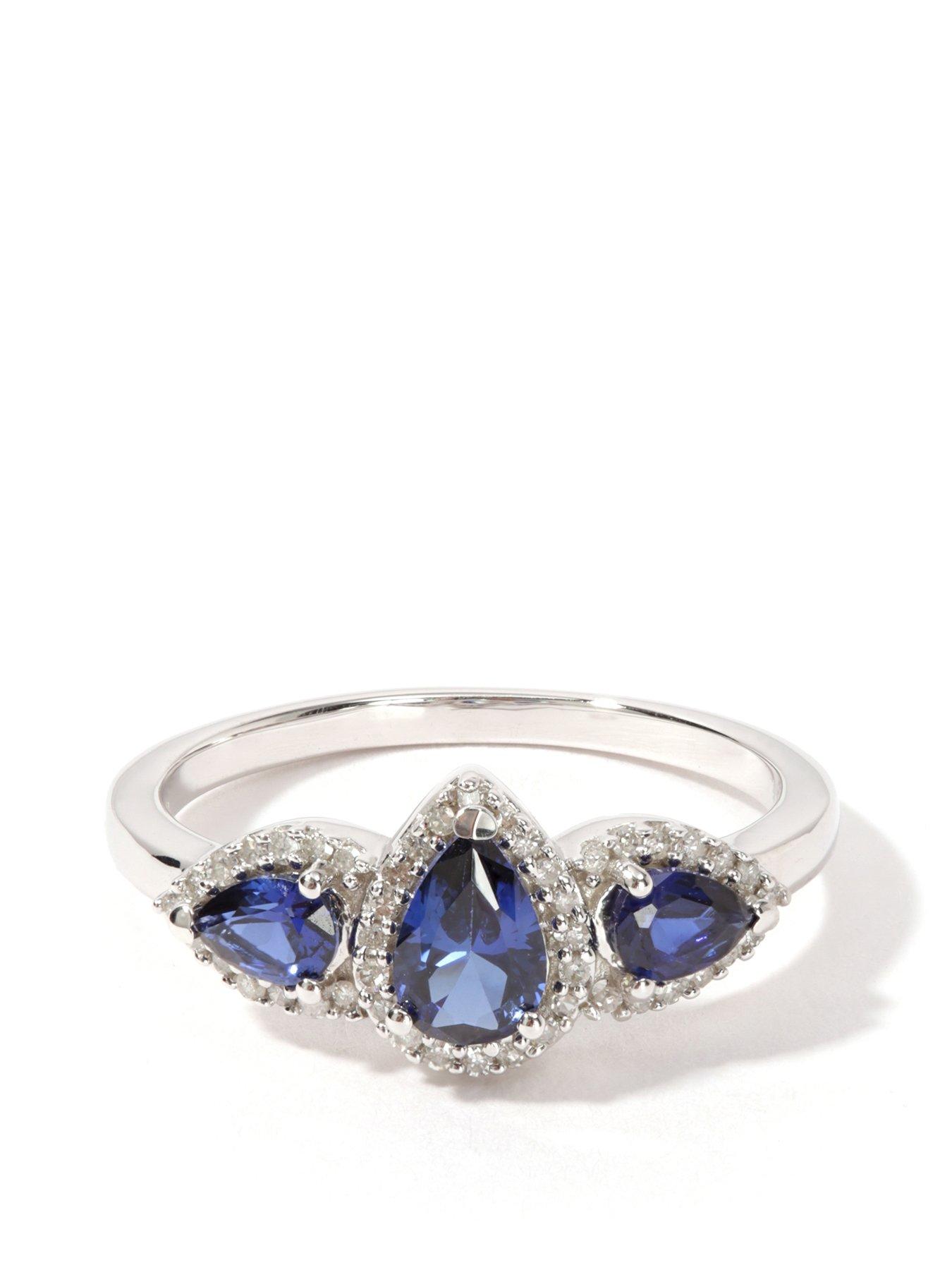 undefined 9ct White Gold Created Blue Sapphire and 0.12ct Natural Diamond Trilogy Pear Halo Ring