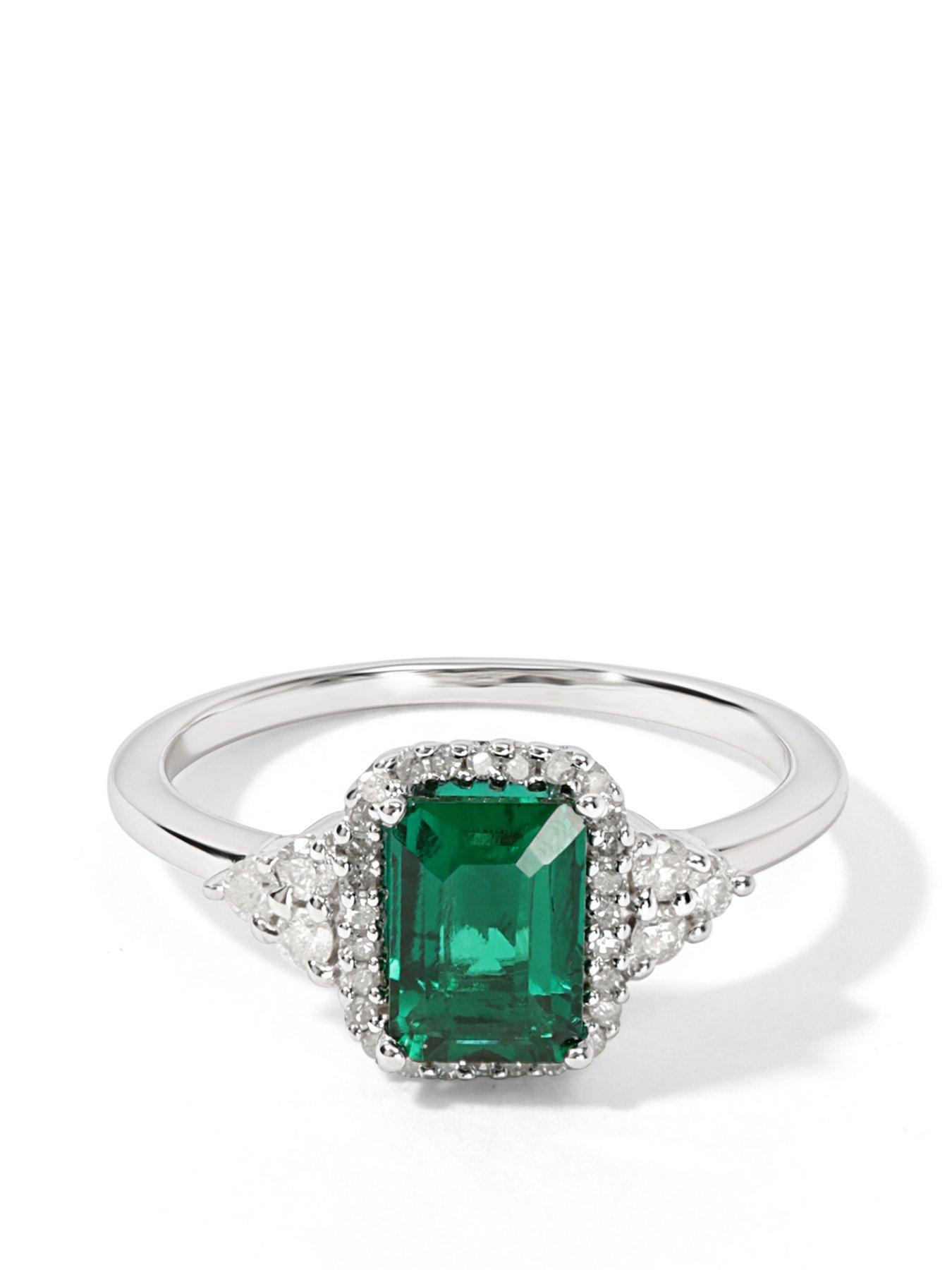 Product photograph of Love Gem 9ct White Gold 7x5 Emerald Cut Created Emerald And 0 20ct Natural Diamond Halo Ring from very.co.uk