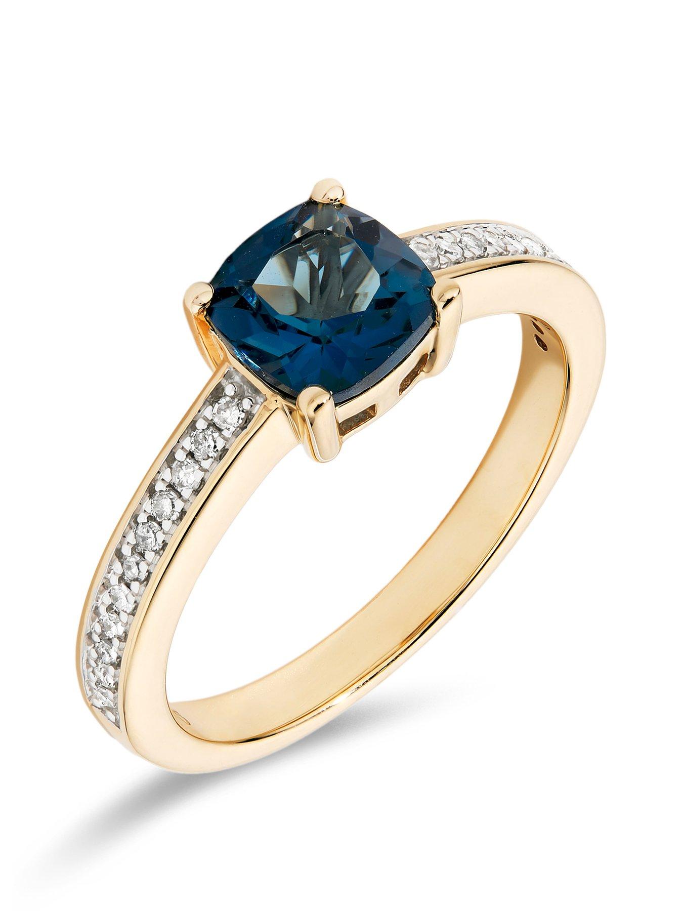 Product photograph of Love Diamond 9ct Yellow Gold 6mm Cushion London Blue Topaz And 0 10ct Natural Diamond Ring from very.co.uk