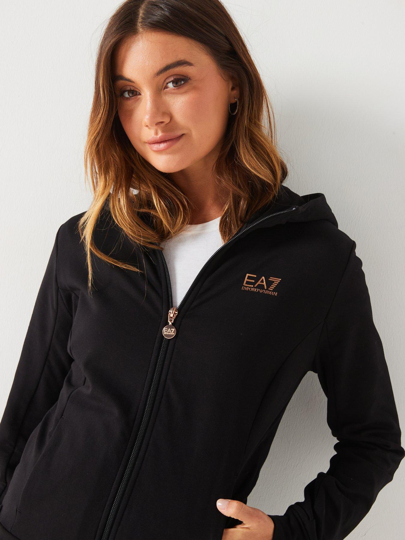 EA7 Emporio Armani Gold Logo Long Sleeve Zip Through Hoodie Black Very