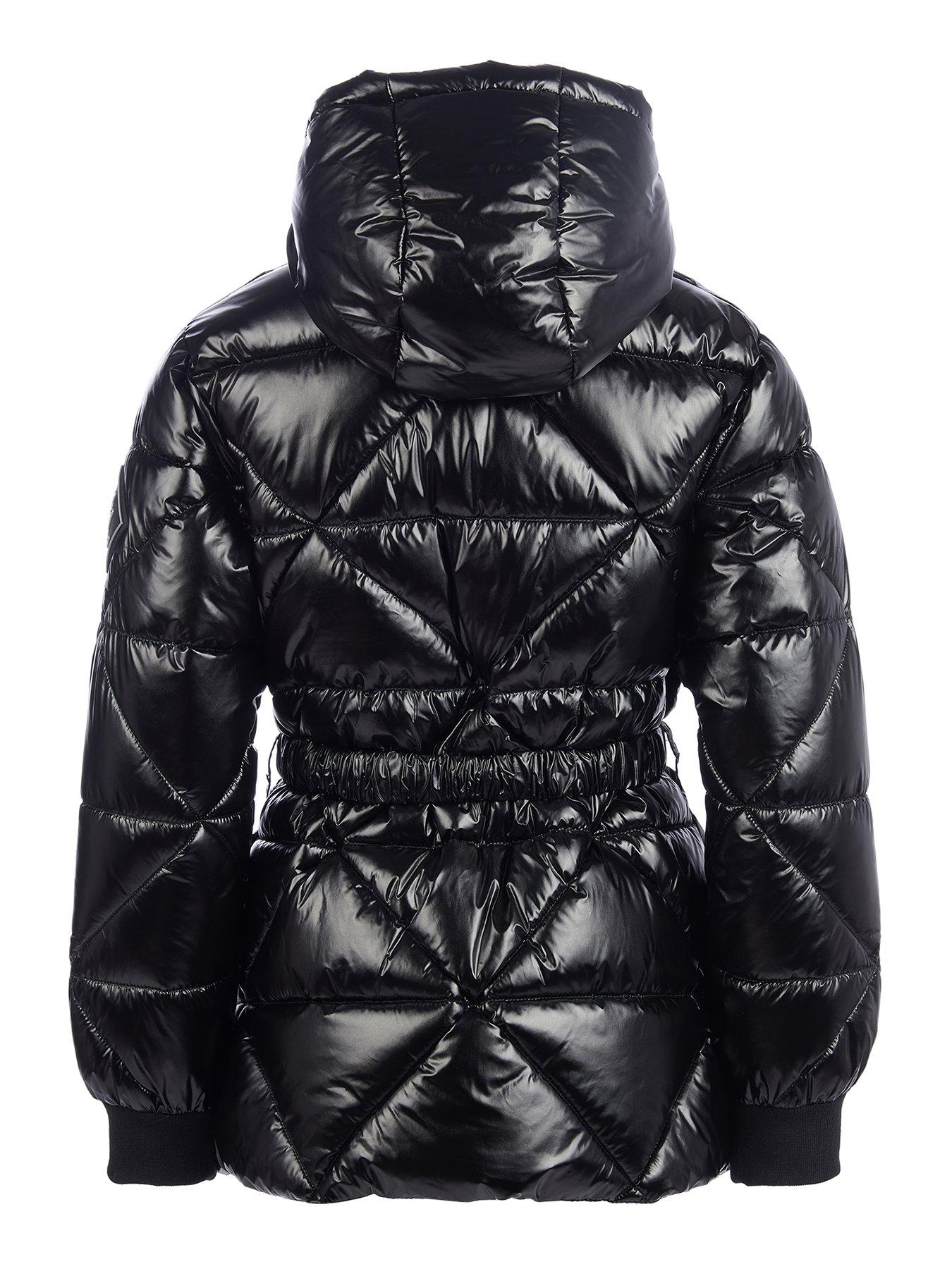 Girls High Shine Belted Mid Length Padded Coat Black