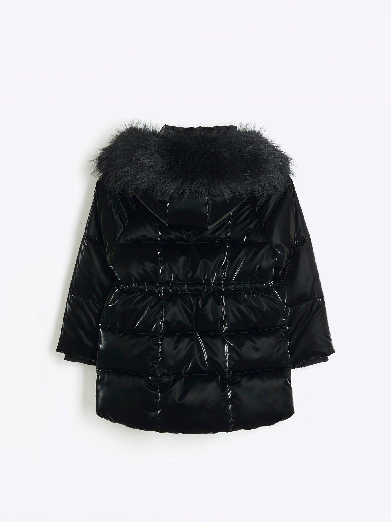 River island black high shine padded faux fur trim jacket online