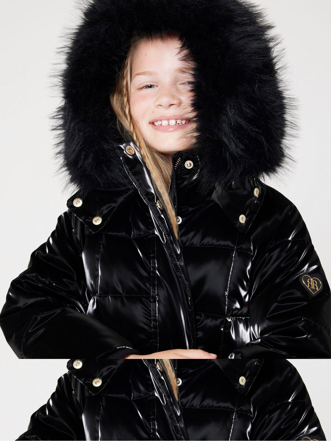 Older Girl Padded High Shine Coat Black