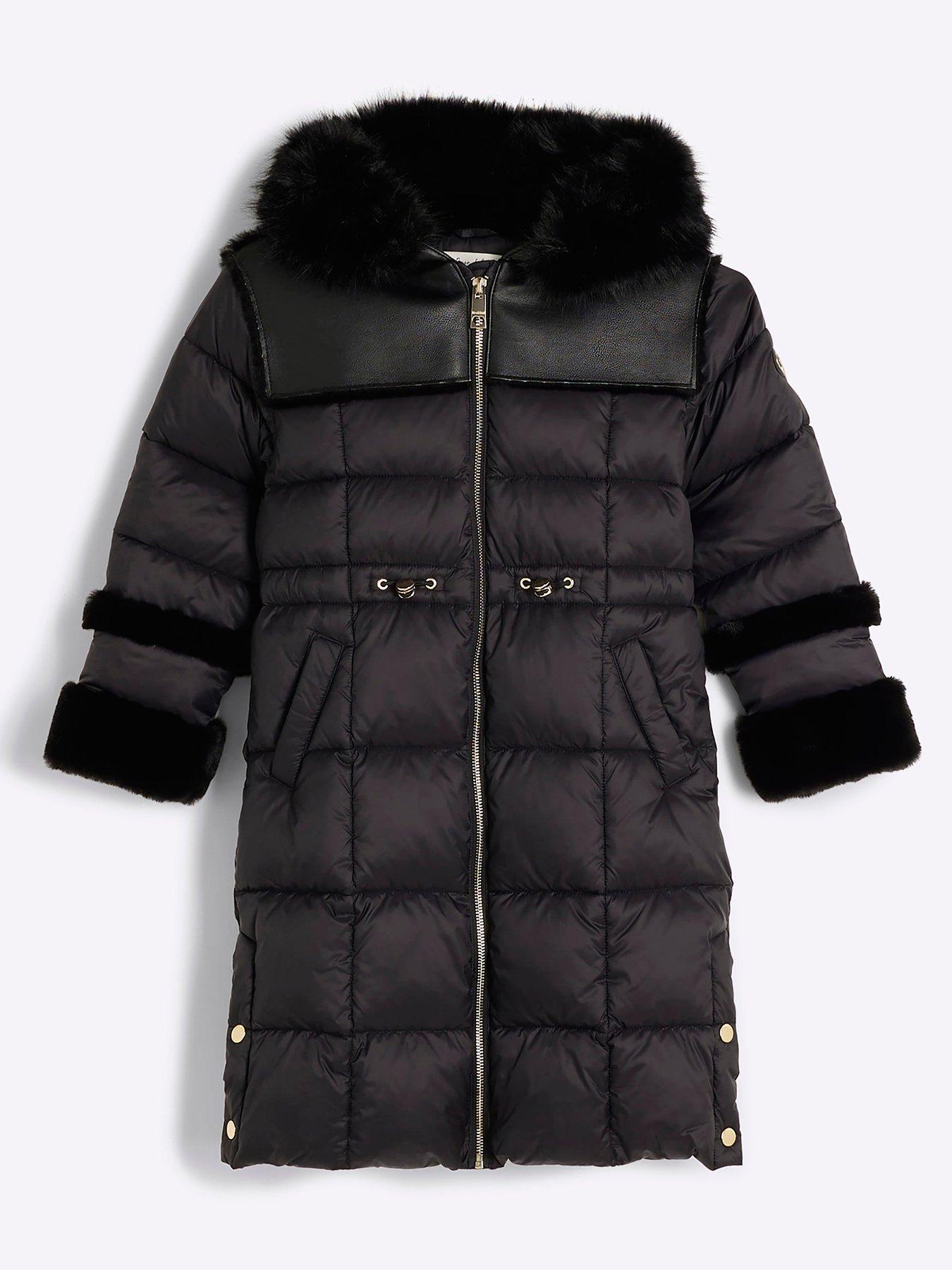 Older Girl Faux Fur Trim Puffer Coat Black