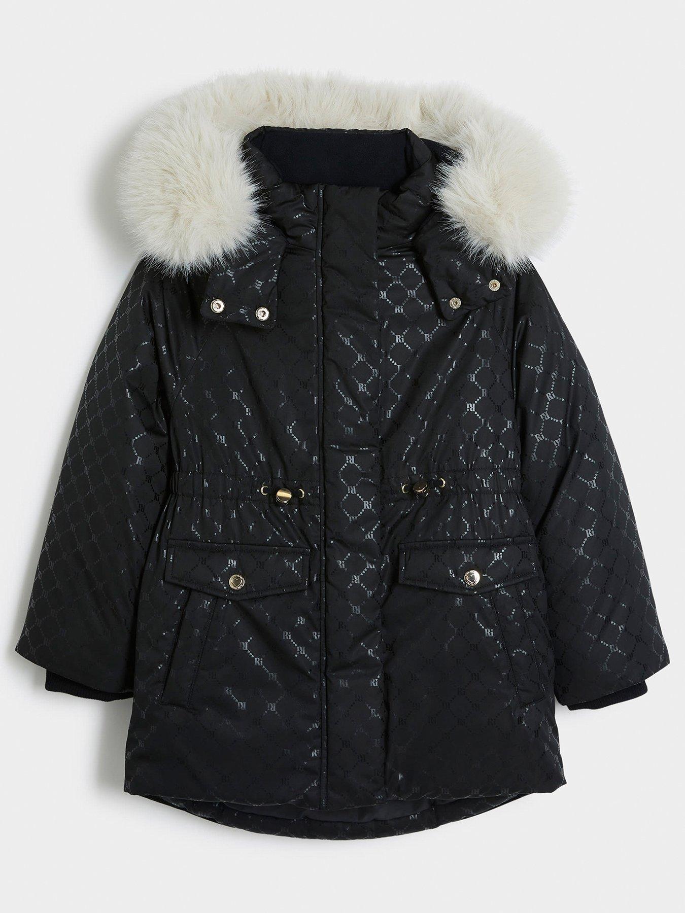 undefined Girls Ri Monogram Padded Hooded Coat - Black