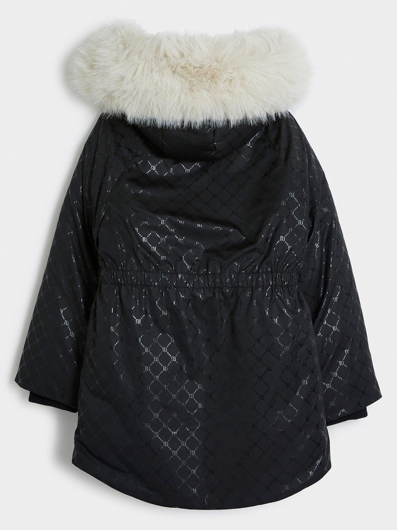 River Island Girls Ri Monogram Padded Hooded Coat Black Very
