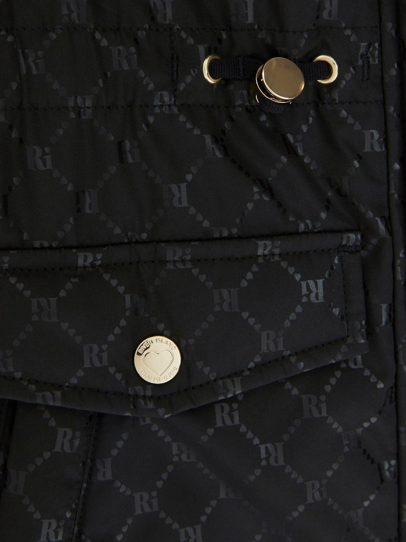 River Island Girls Ri Monogram Padded Hooded Coat Black Very