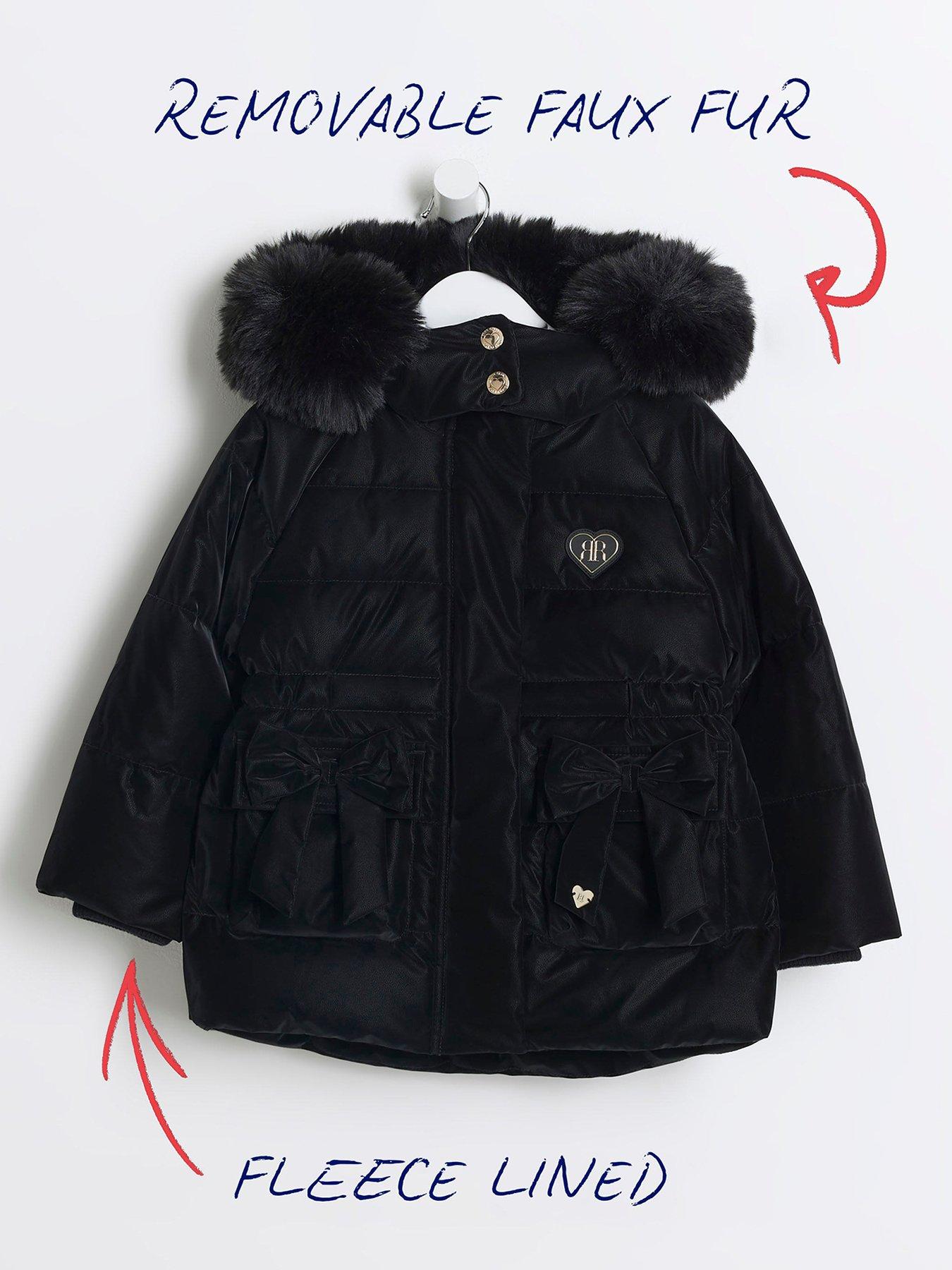 Mini Girls Padded Faux Fur Hooded Coat Black