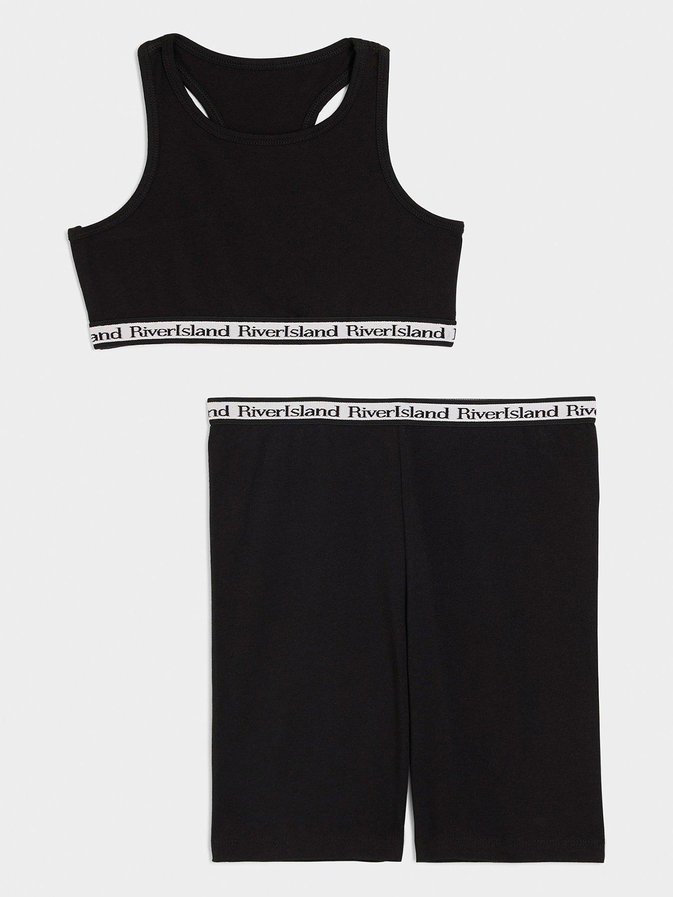 Image 1 of 4 of River Island Older Girl Black Crop Top And Cycle Shorts Set - Black