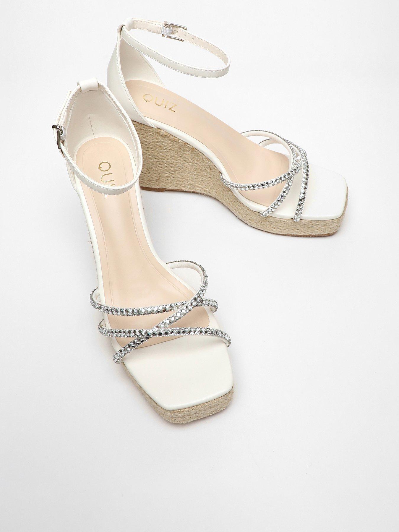Quiz Diamante Cross Strap Woven Wedges White