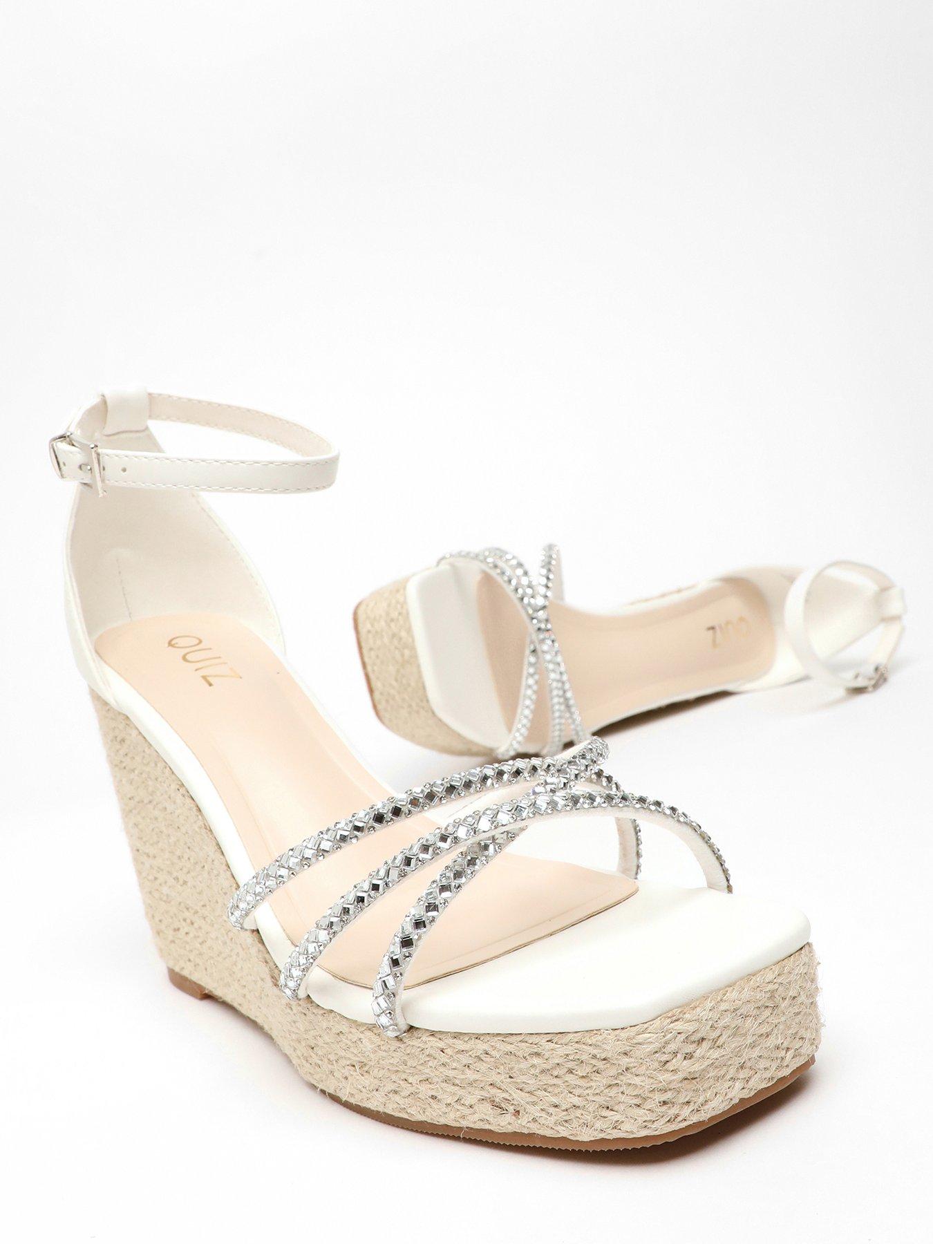 Quiz White Diamante Cross Strap Woven Wedges