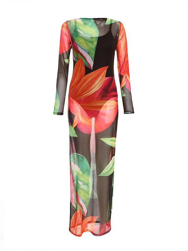 Quiz Black Mesh Tropical Print Maxi Dress | Very.co.uk