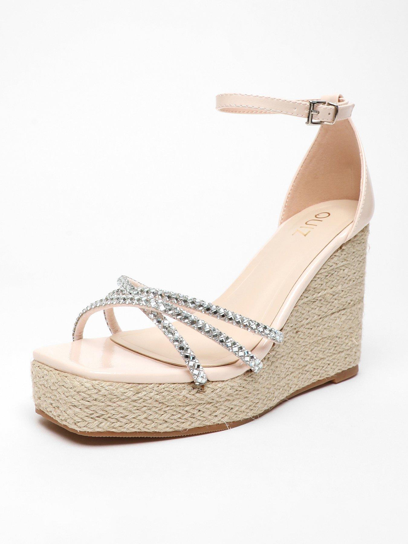 Quiz Light Pink Diamante Cross Strap Woven Wedges Very