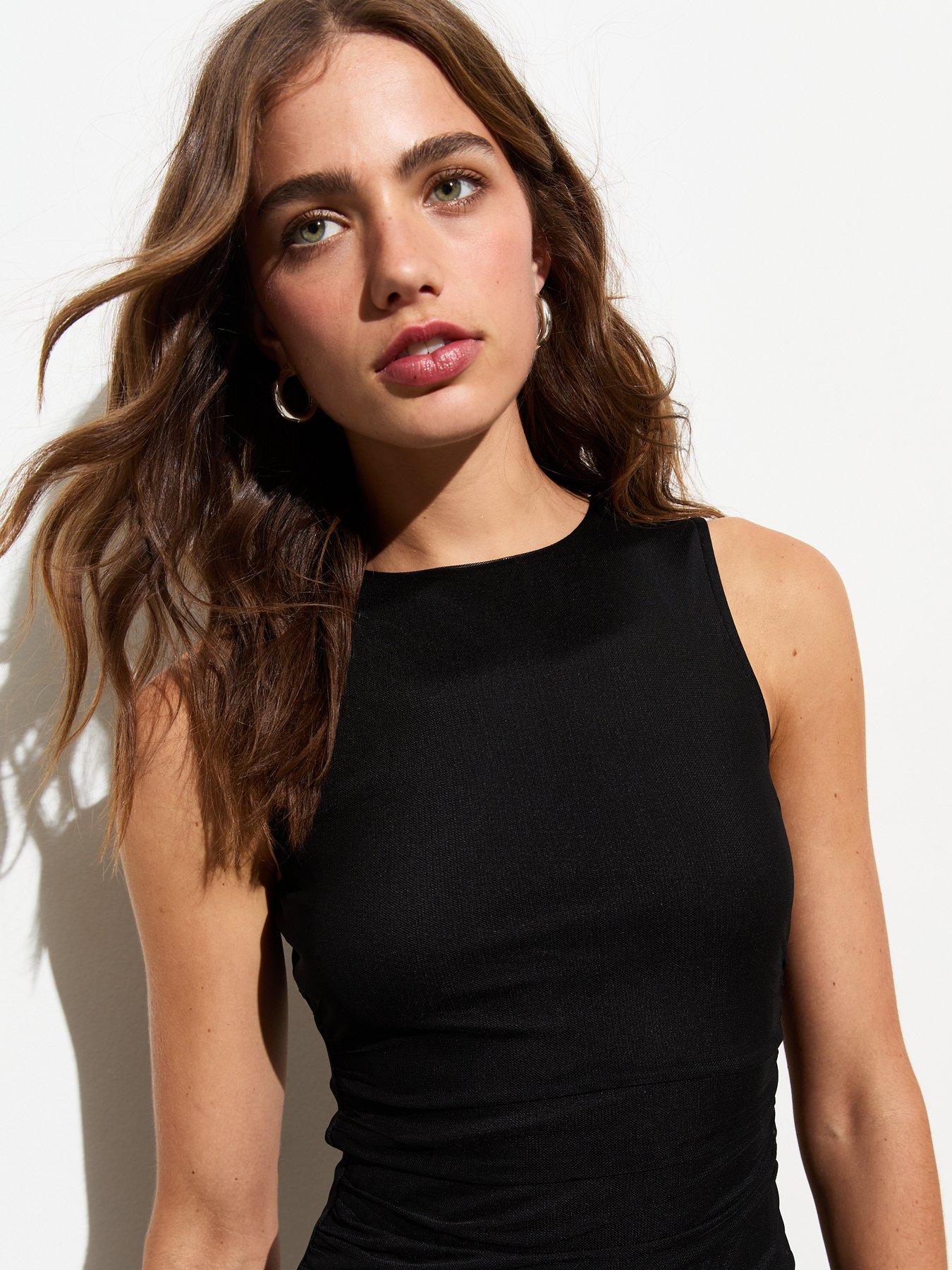 Black Mini Dress- Mini Dress in Black - Sheer Mesh Sleeves & Ruched Side Detail-NBD Sloane