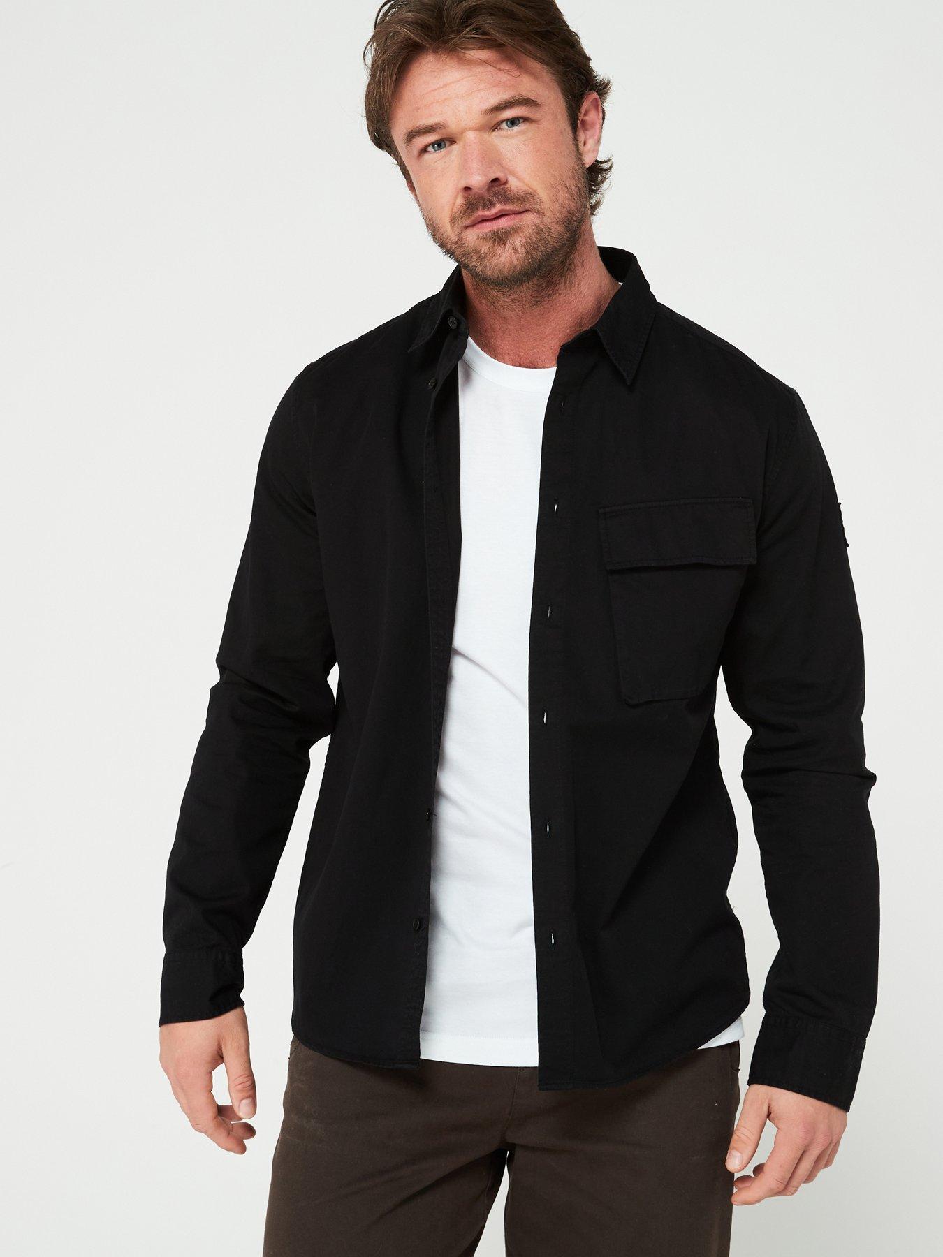 Belstaff Logo Patch Sleeve Garment Dyed Cotton Shirt, Black, Size S, Men