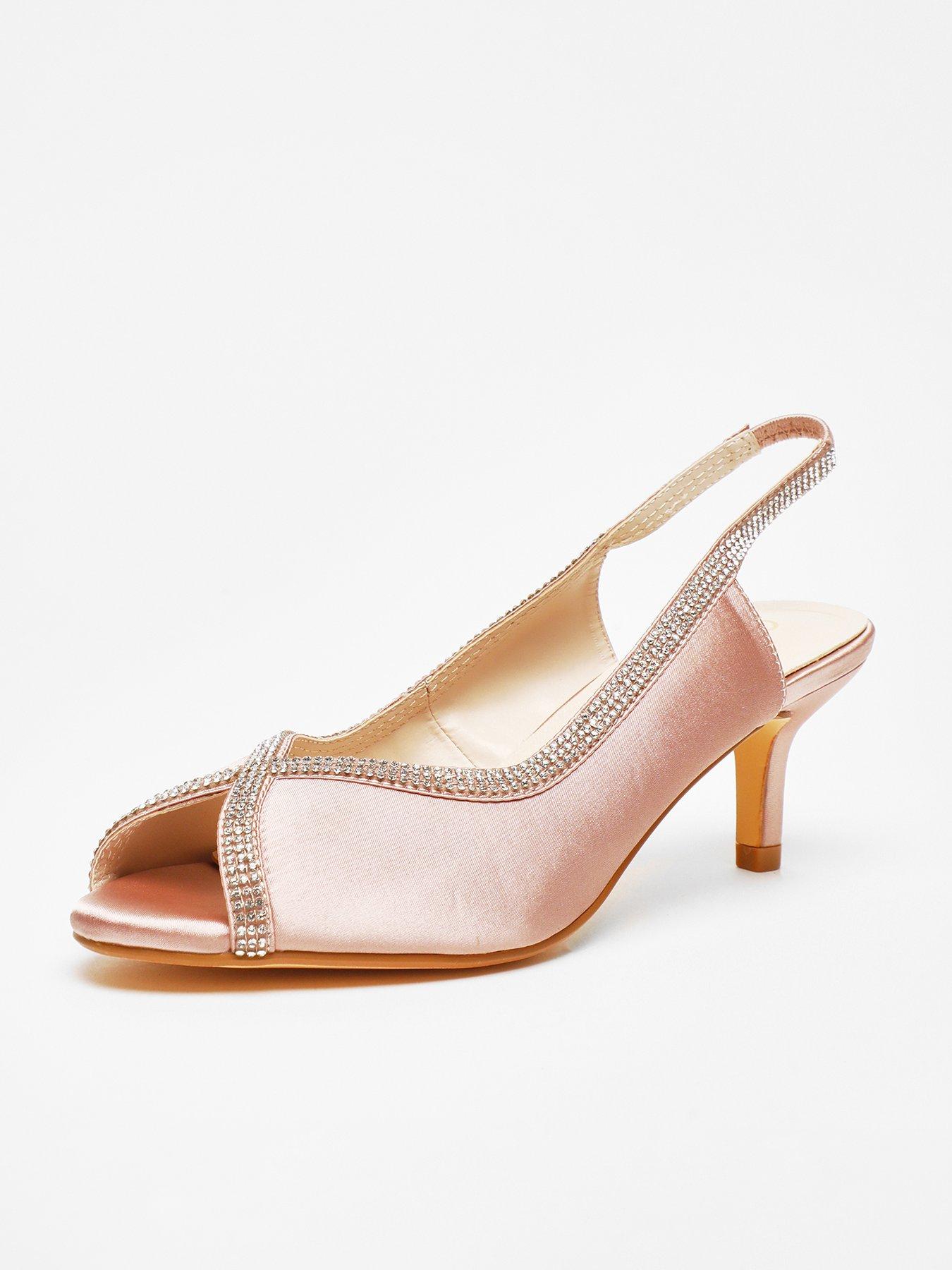 Quiz Rose Gold Satin Diamante Low Heeled Slingback Heels Very