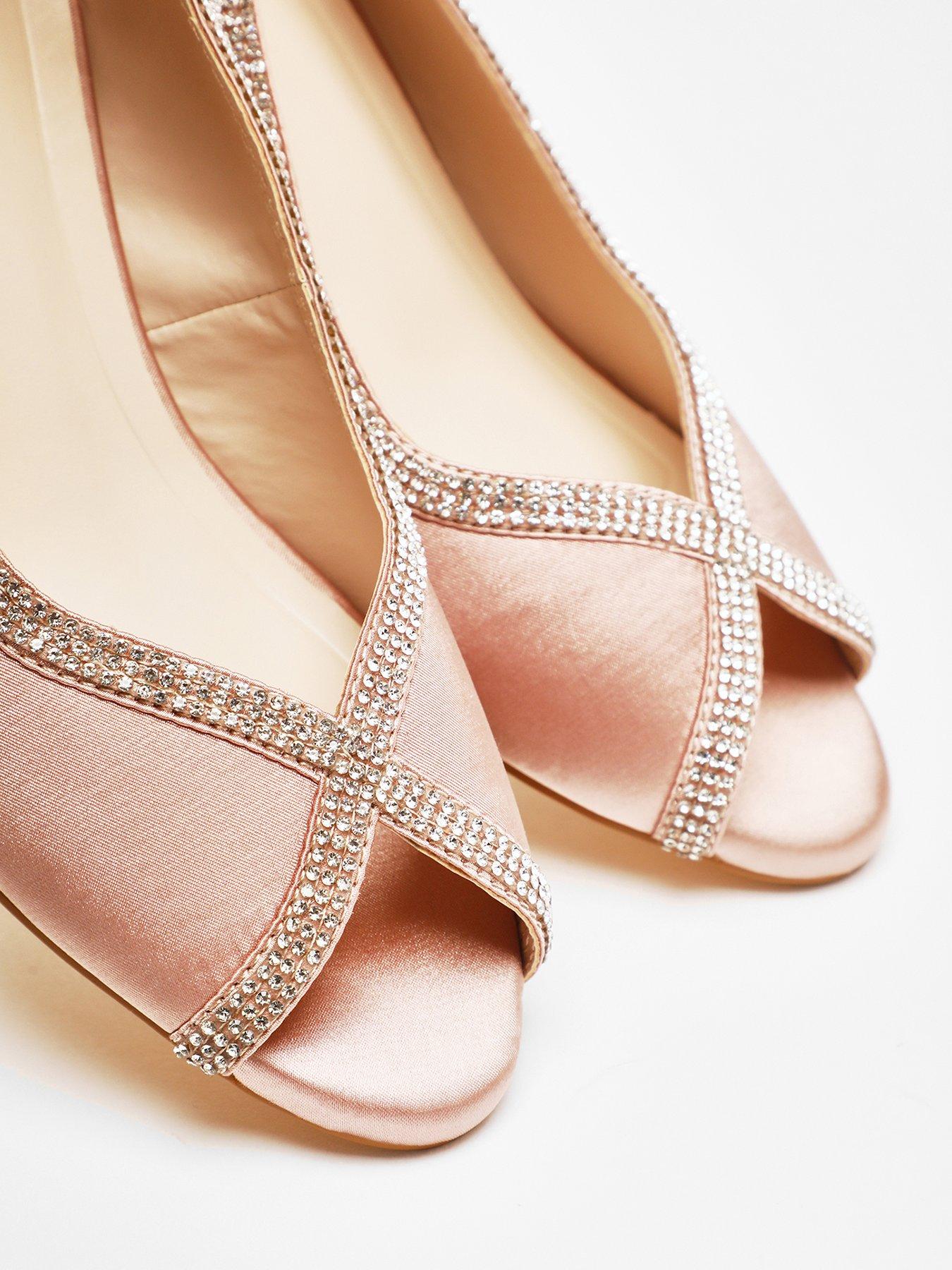 Quiz Rose Gold Satin Diamante Low Heeled Slingback Heels Very