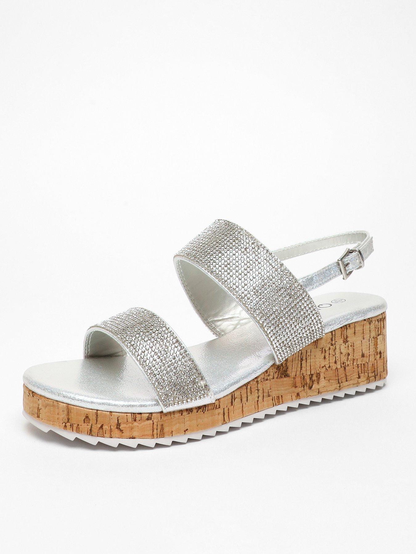 Quiz Silver Diamante Double Strap Low Wedges Very