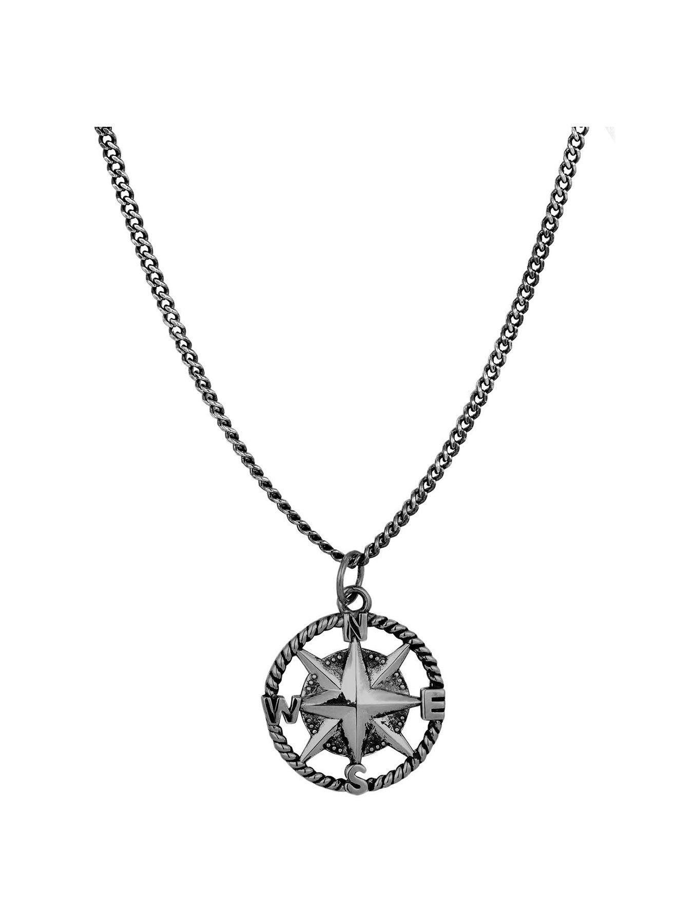 The Love Collection Gent's Oxidised Sterling Silver Compass Necklace