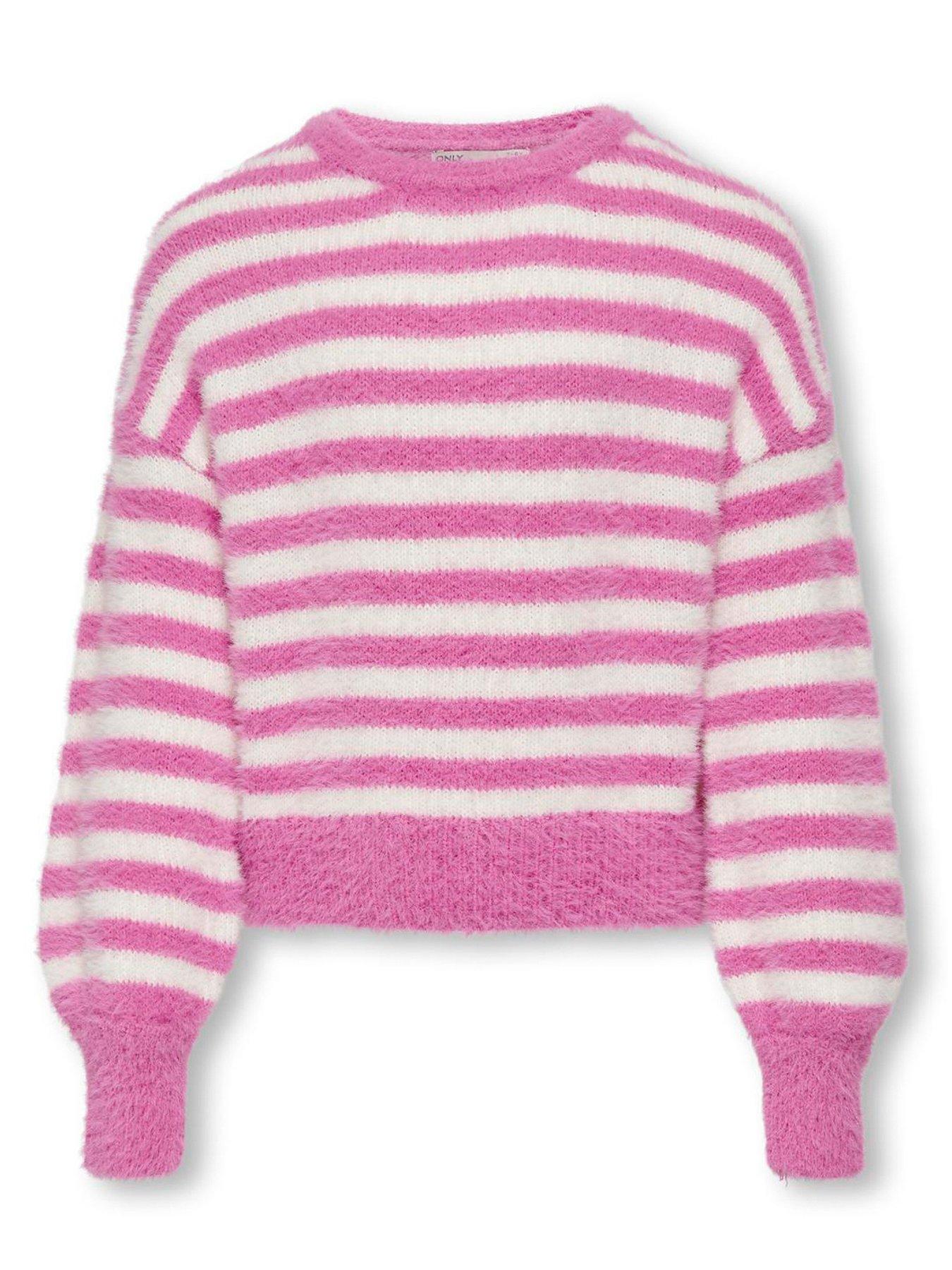 Girls Stripe Fluffy Jumper White pink