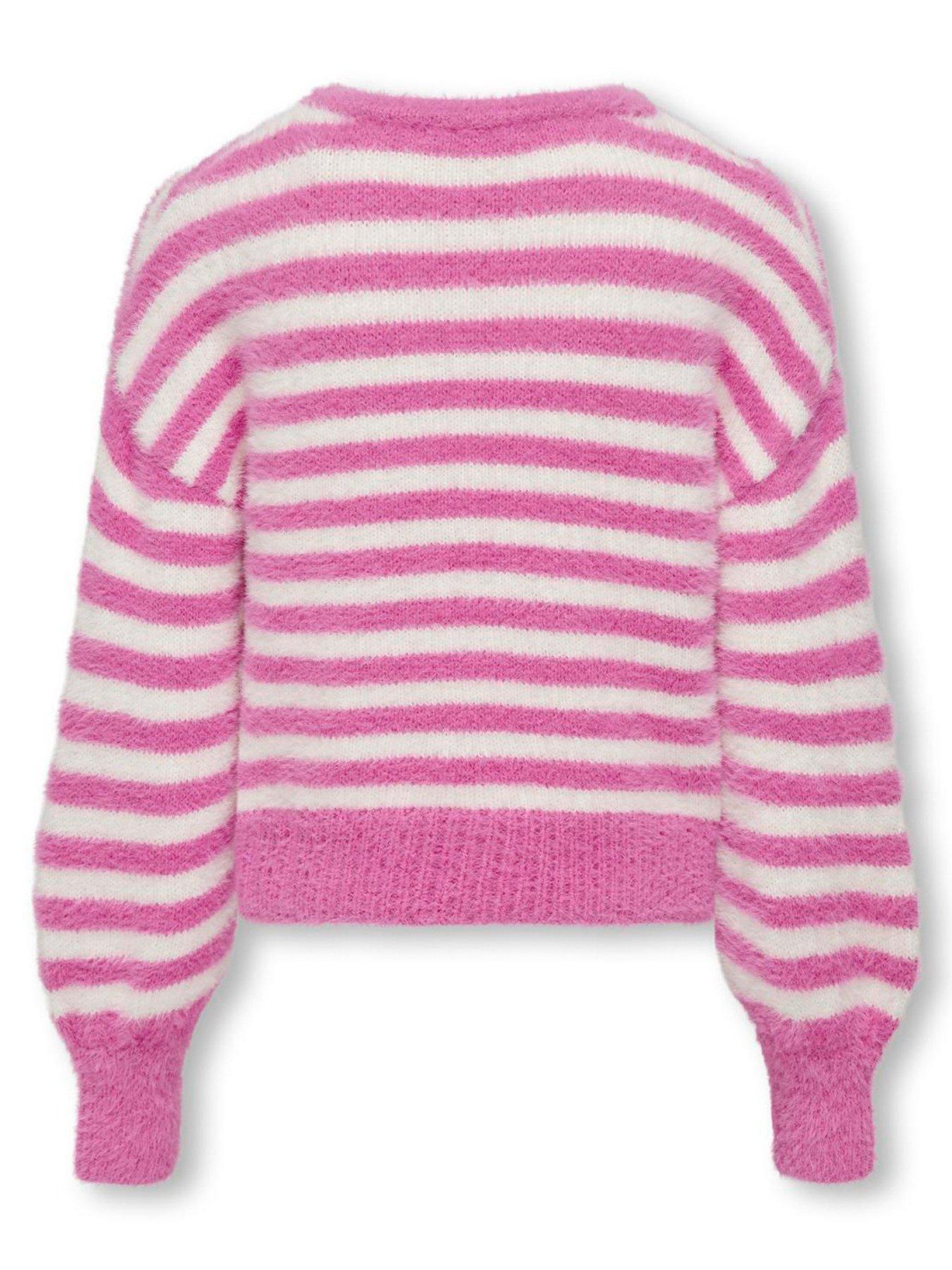 Girls Stripe Fluffy Jumper White pink