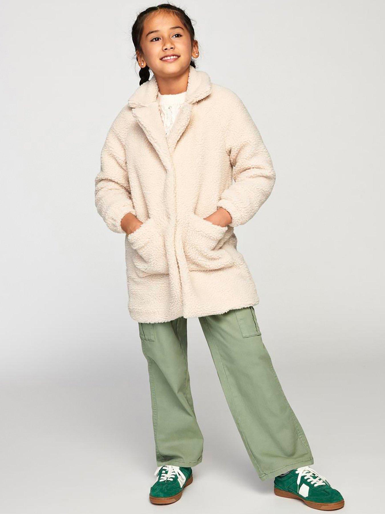 Girls Teddy Fleece Long Coat Cream