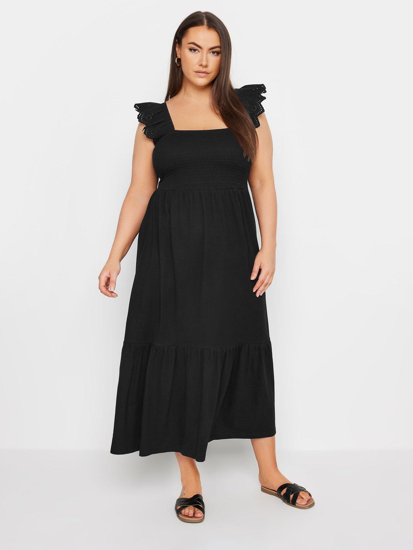 Yours Curve Shirred Anglaise Frill Tiered Midaxi Dress - Black | Very.co.uk