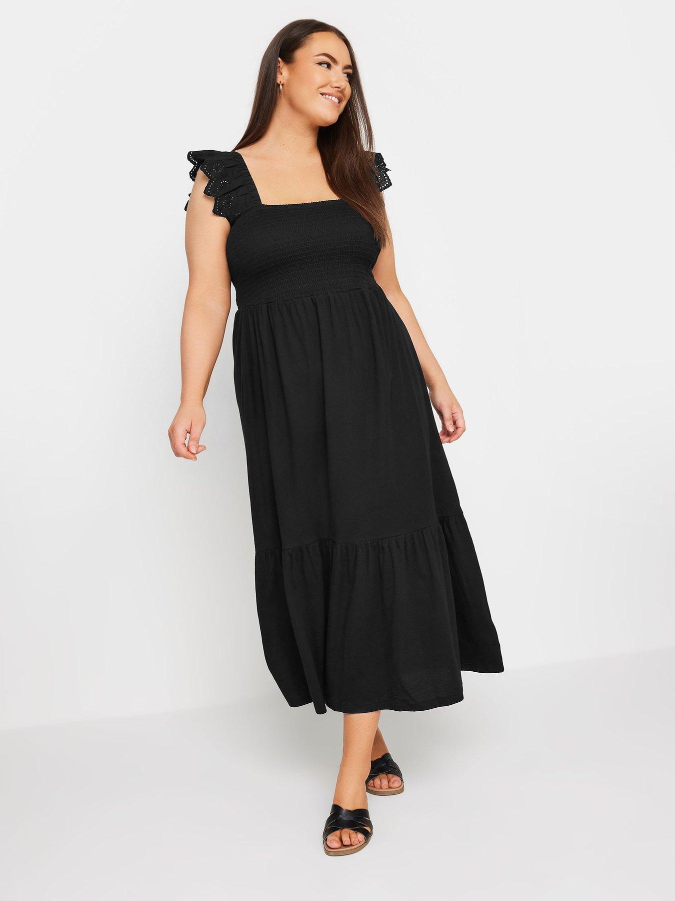 Yours Curve Shirred Anglaise Frill Tiered Midaxi Dress - Black | Very.co.uk