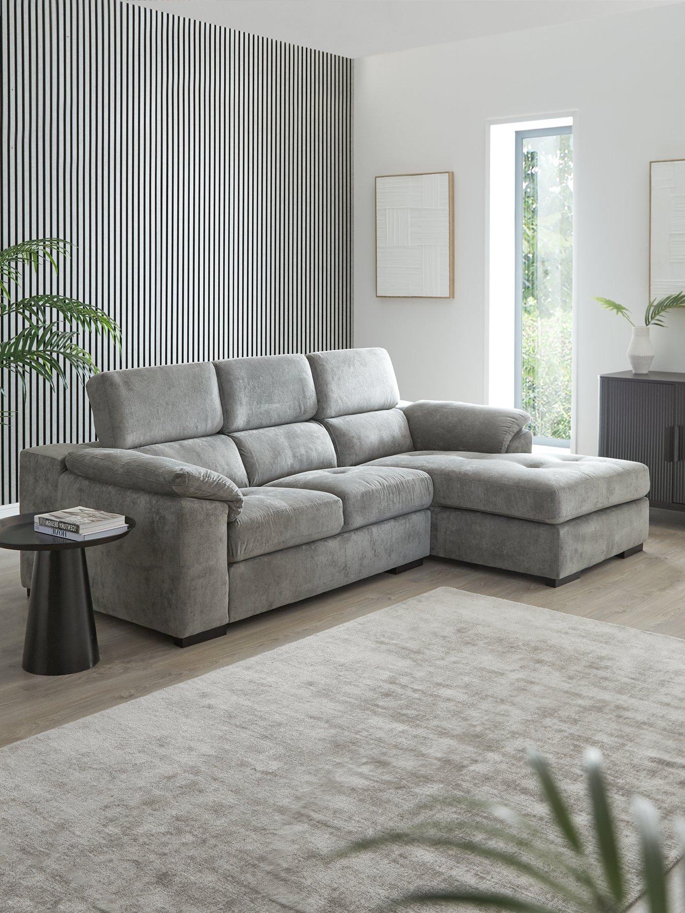 Very Home Brady Right Hand 3 Seater Fabric Chaise Sofa - Grey/Walnut - FSC Certified