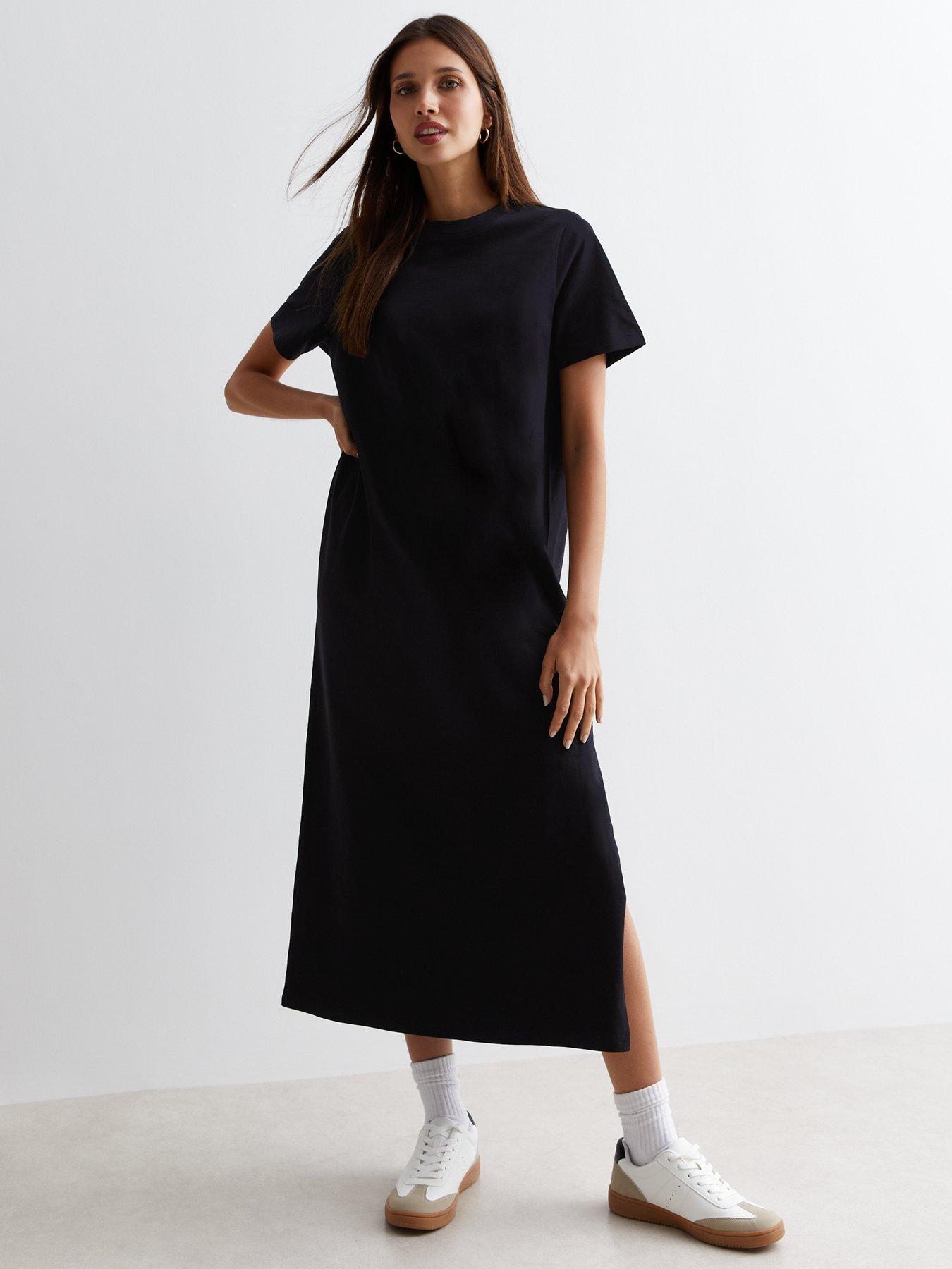 Black Cotton Split Hem Midi T shirt Dress