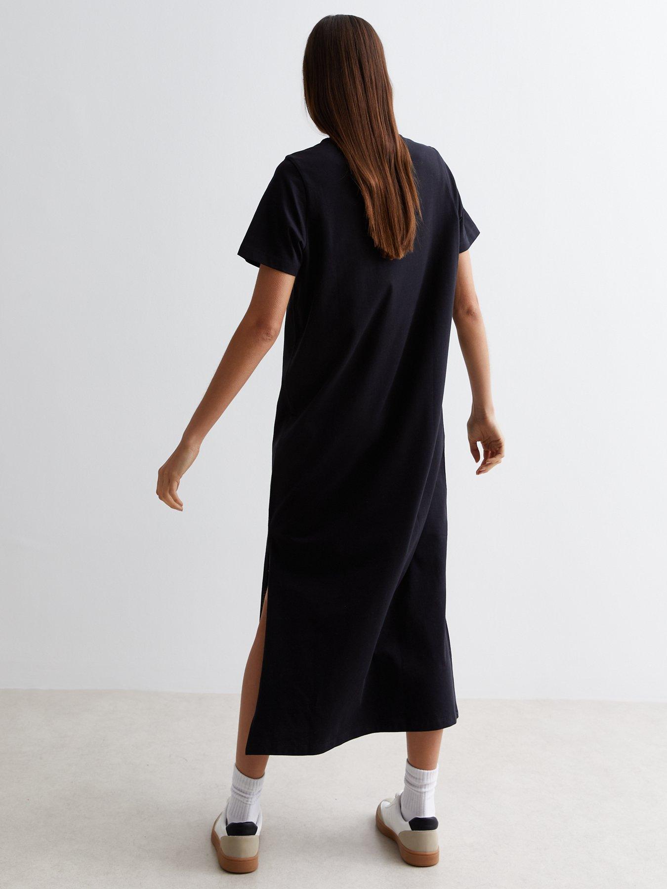 Black Cotton Split Hem Midi T shirt Dress