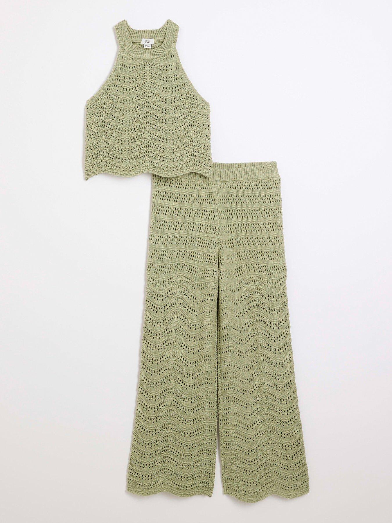 river island girls crochet top and trousers set - green
