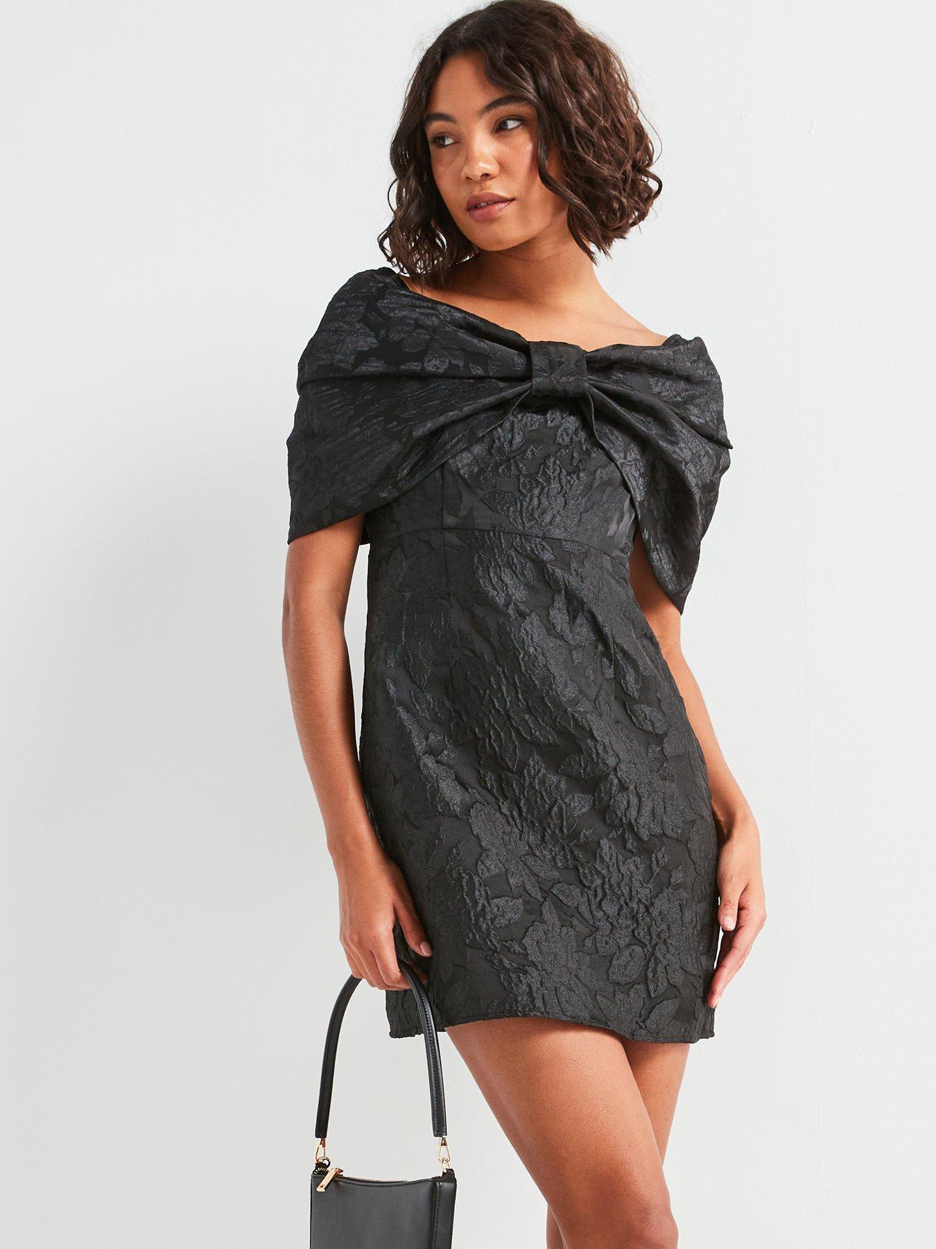 undefined Off Shoulder Bow Mini Dress - Black